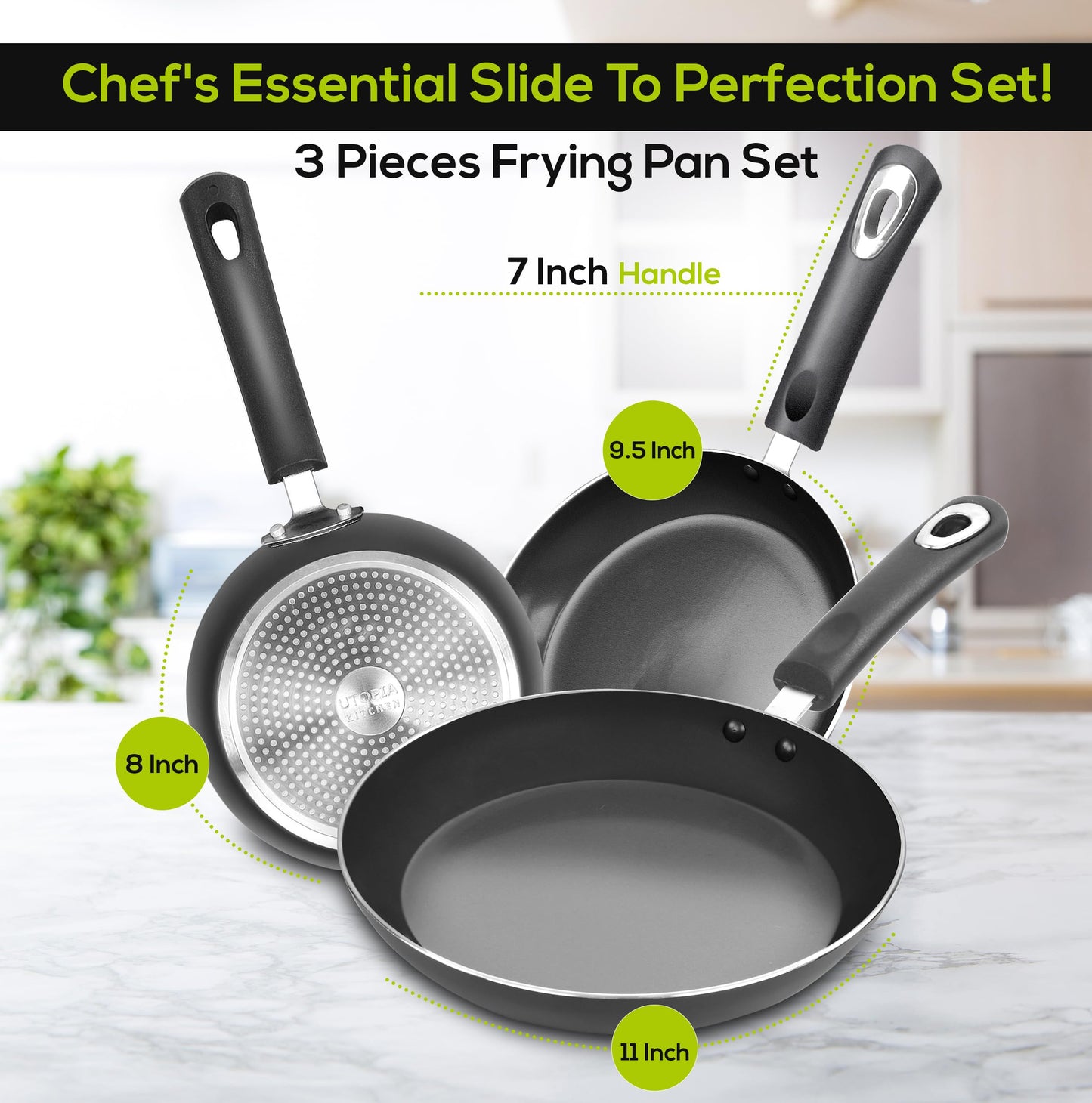 Utopia Kitchen Nonstick Cookware 3 Piece Omelette Pan Skillet Set, Nonstick Frying Pans with Induction Bottom, 8, 9.5 & 11 Inches Frying Pans with Bakelite Handles, PFOA Free, Grey