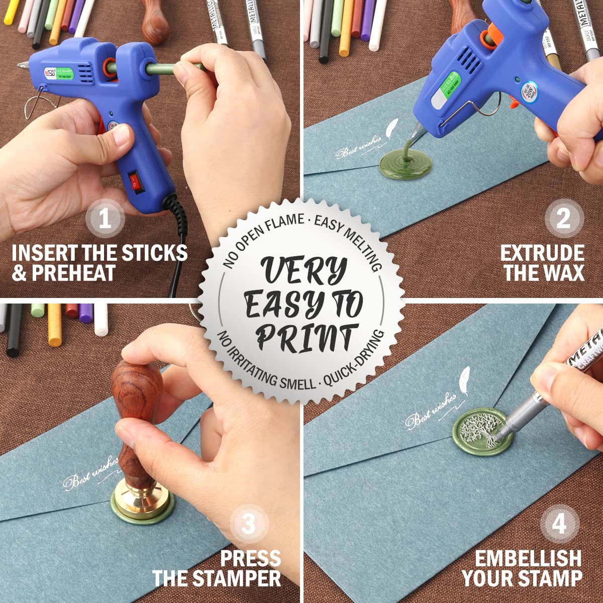 Wax Seal Kit, Wasole 40Pcs Gold Sealing Wax Sticks with Glue Gun + 2Pcs Marker Pens for Wax Seal Stamp, Great for Wedding Invitations, Birthday Cards, Envelopes, Gift Wrapping (Gold)