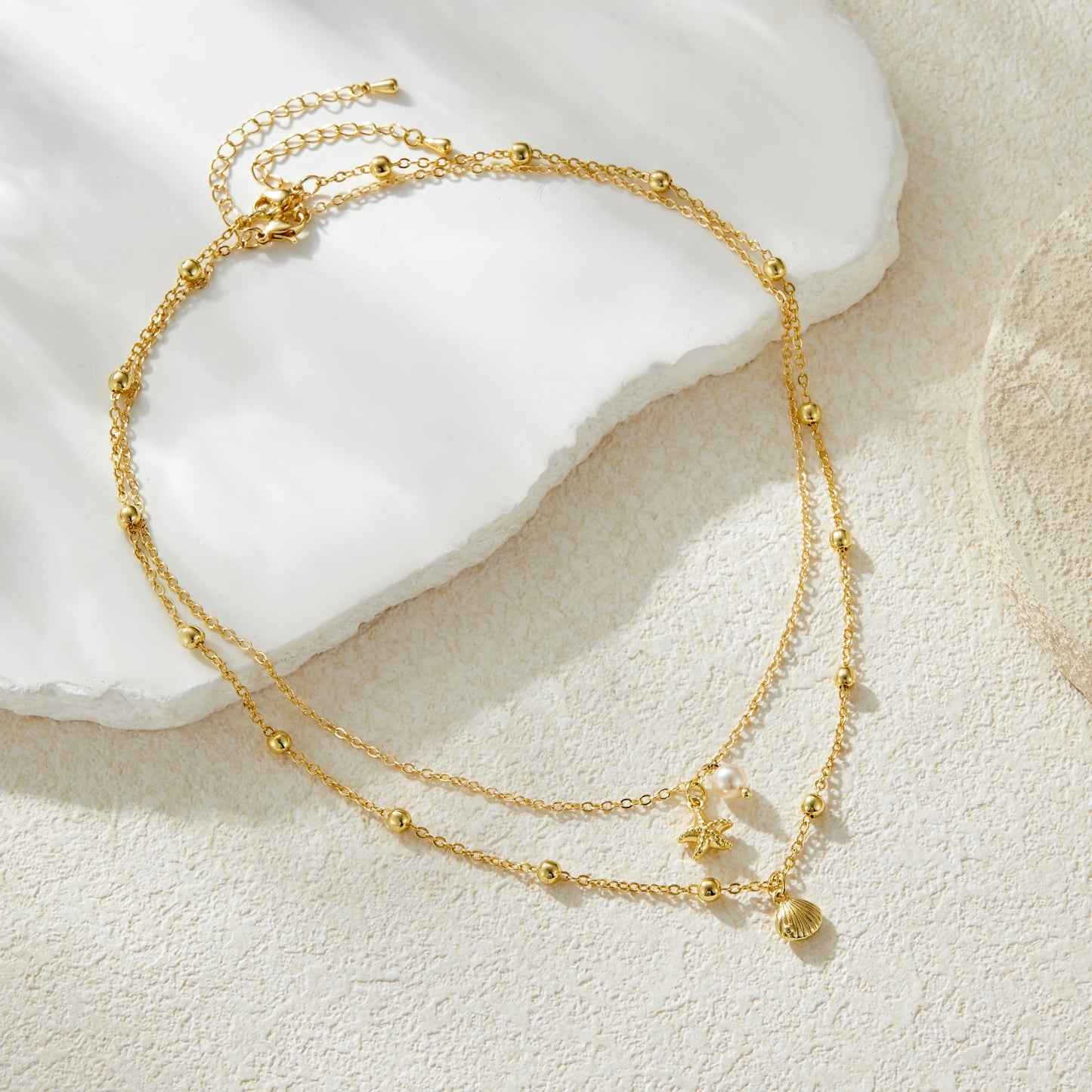 Seashell Starfish Necklace for Women Conch Shell Summer Pearl Beach 14k Gold Layered Dainty Choker (Pearl Layered Necklace)
