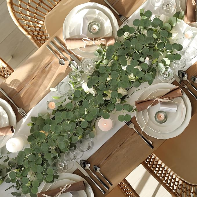 Sggvecsy 16Pcs Artificial Eucalyptus Garland Greenery Leaves Silk Vines Silver Dollar Leaves Faux Leaf Plants for Wedding Wall Table Party Home Fireplace Bedroom Decor