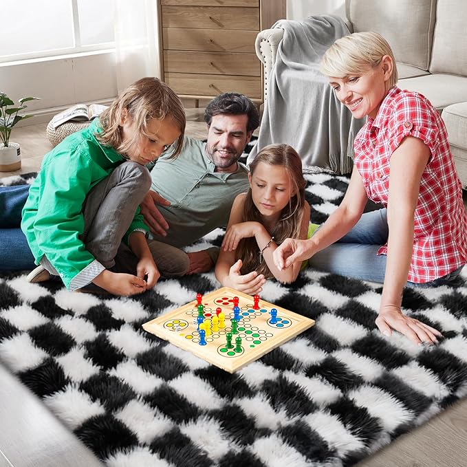 Area Rugs for Bedroom Living Room,5x8 Black and White Fluffy Soft Checkered Rug Fuzzy Shag Shaggy Carpet, Indoor Plush Floor Rugs for Kids Boys Girls Teen Dorm Nursery Home Decor