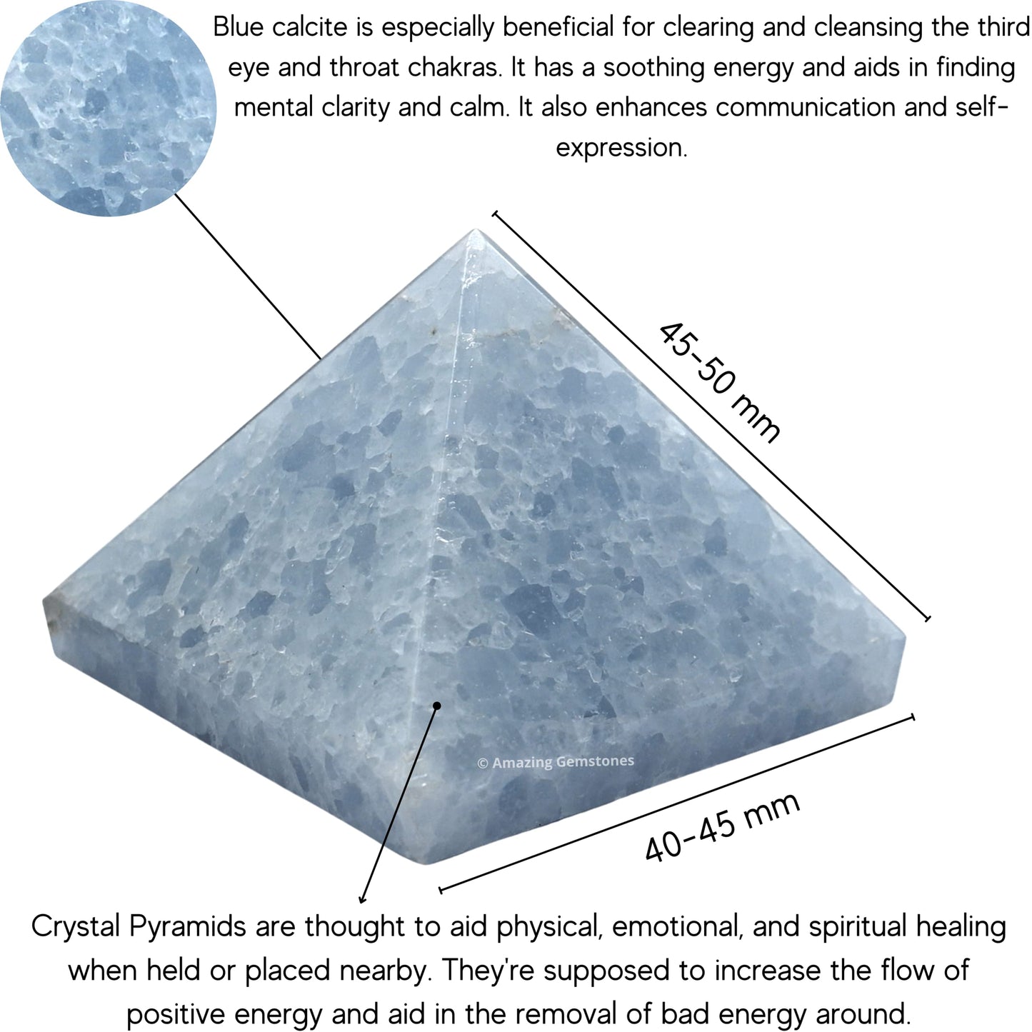 Amazing Gemstone Blue Calcite Pyramid Crystal Healing Stones - 2" Great Pyramid Figurine of Natural Stone Pyramid for Meditation, Reiki, Chakra Balancing and Crystal Pyramids Grid