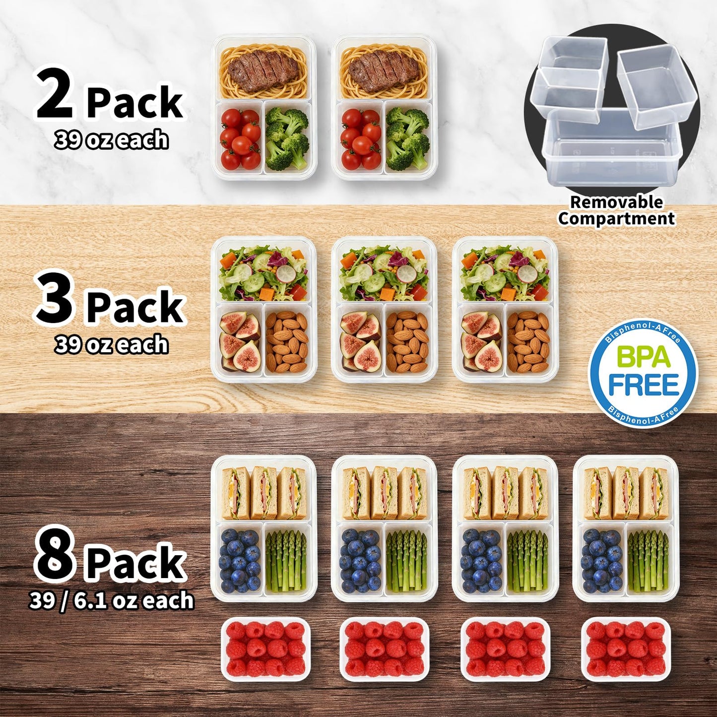 KIGI Meal Prep Containers for Adult Lunch & Snacks, Leak-Proof, BPA-free Plastic, Removable Divided Inserts, Airtight lids, 3 Compartment Food Storage, Microwave Safe, Bento Box, 4.7 Cup, 12 Piece Set