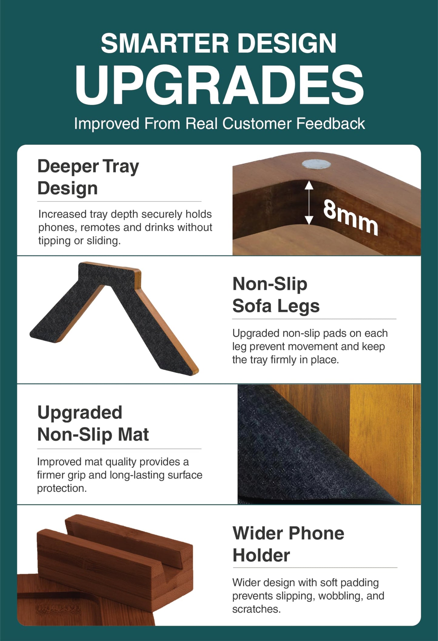 Acacia Couch Arm Tray Table – 2 in 1 Adjustable Couch Arm Table Fits Most Sofa Arms with 360° Rotating Phone Holder, Wire Holder & Non-Slip Mat – Elegant Sofa Tray for Snacks & Coffee