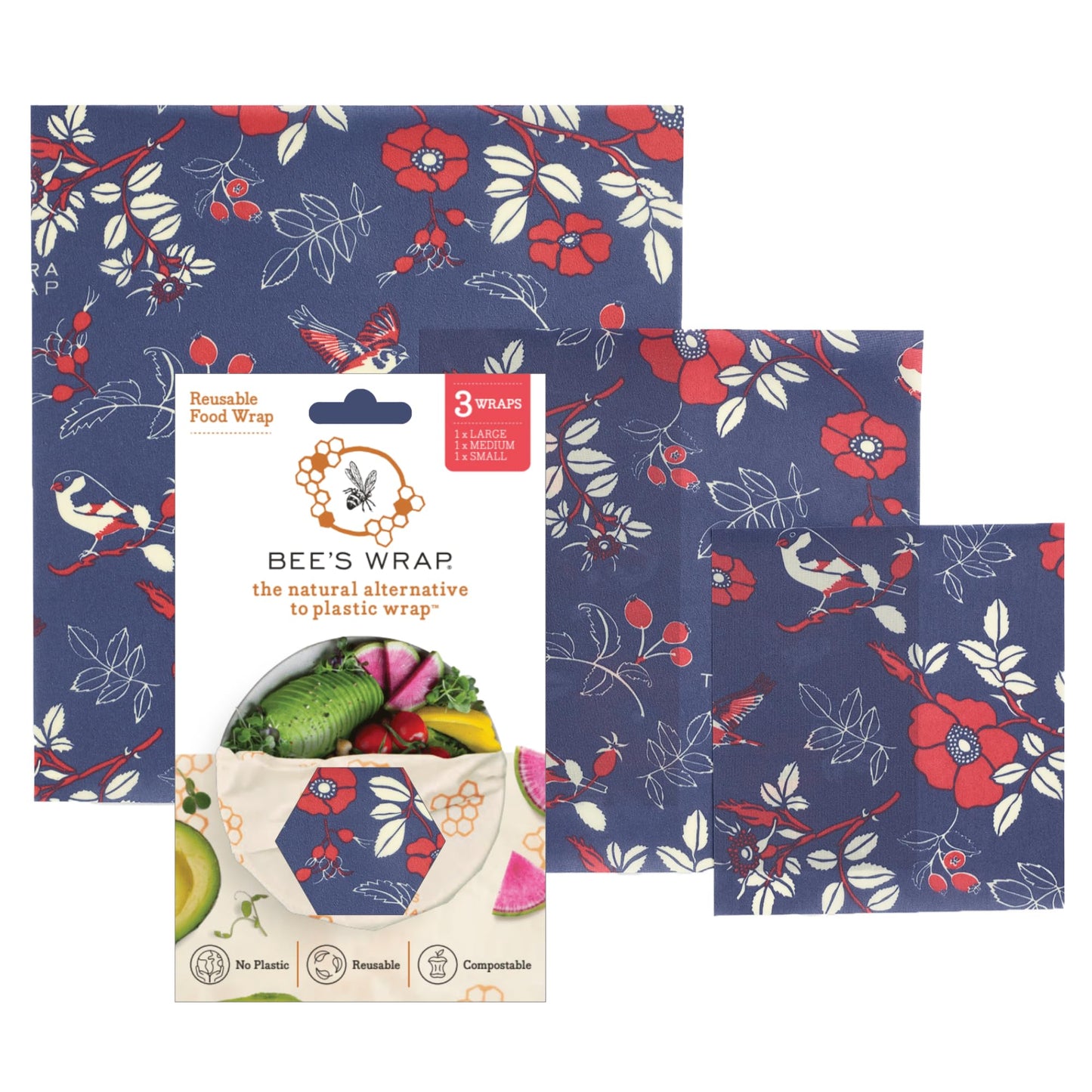 Bee's Wrap Beeswax Wraps for Food - 3 Pack of Assorted Beeswax Wraps - Small, Medium & Large Wrap - Plastic Free Made in USA Reusable Natural Food Wrap - Botanical Print