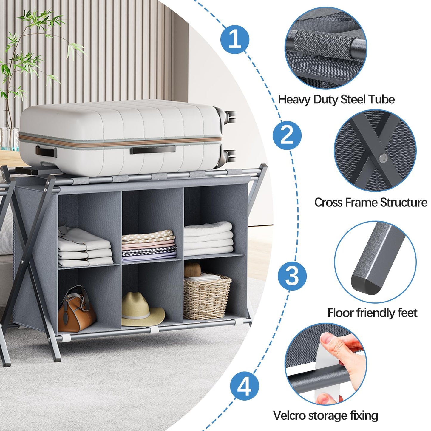 Huhote Luggage Rack for Guest Room, Folding Suitcase Stand with 6-Cube Fabric Storage Shelf, Luggage Holder, Steel Foldable Luggage Stand for Guest Room, Bedroom, Hotel, Grey