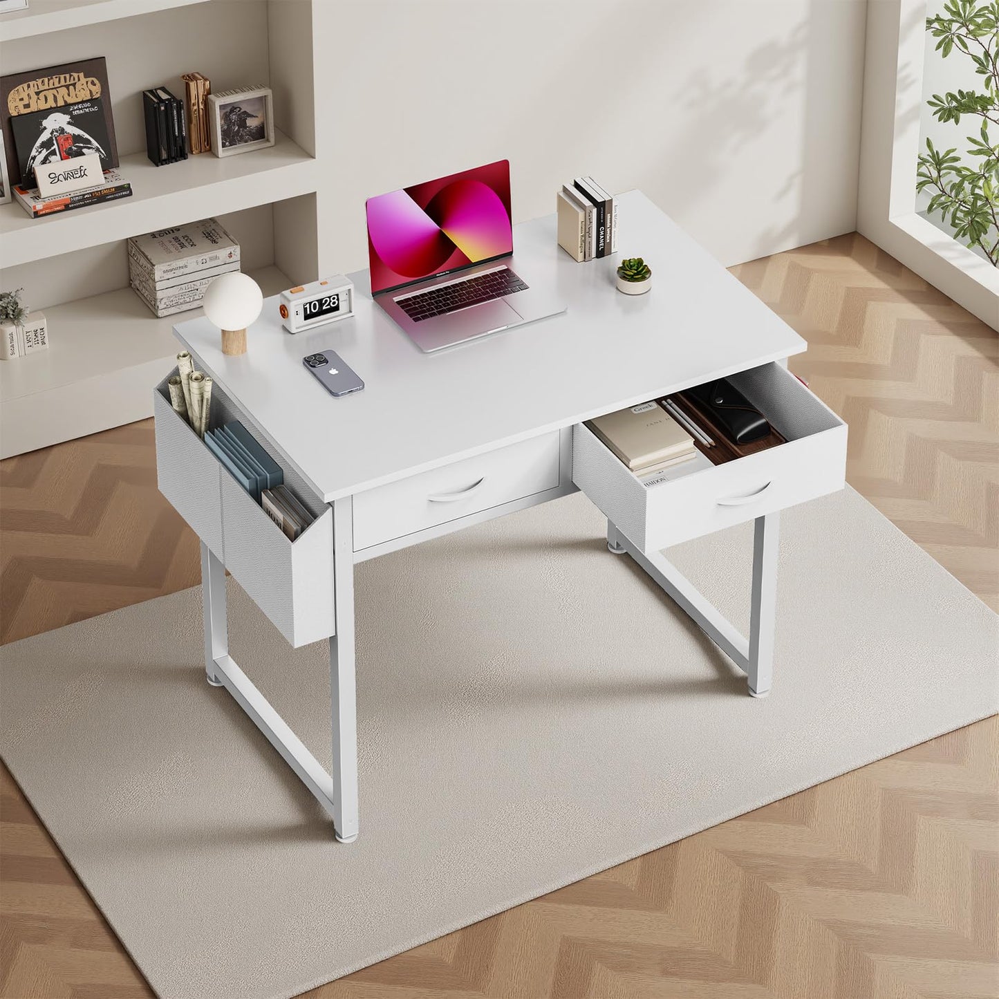 DUMOS 32" Home Office Computer Desk with Drawers, Small Gaming Writing Study Table with Storage Side Bag, Headphone Hook and Adjustable Feet for Bedroom White