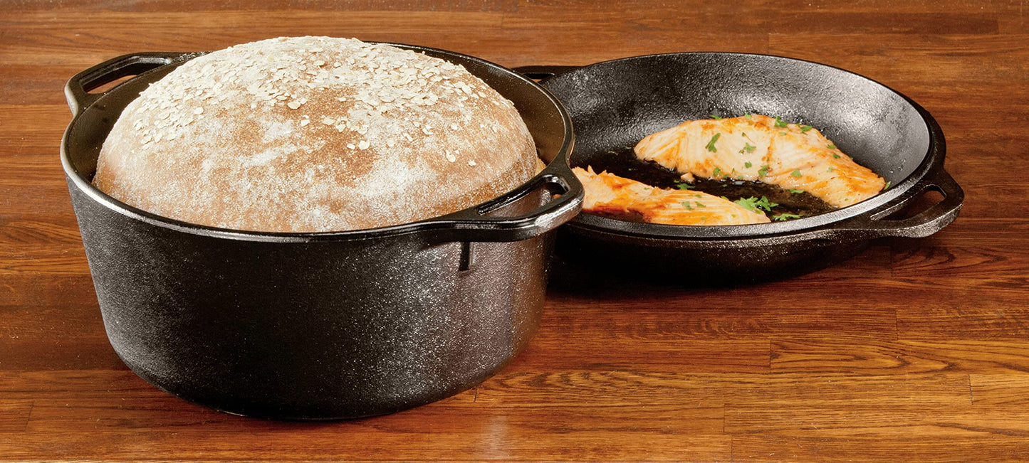 Lodge Cast Iron Double Dutch Oven - Pre-Seasoned 2-in-1 Cast Iron Cookware - Pot & Skillet Combo - Even Heat Retention - Oven-Safe, Versatile Pot - 5 Quart