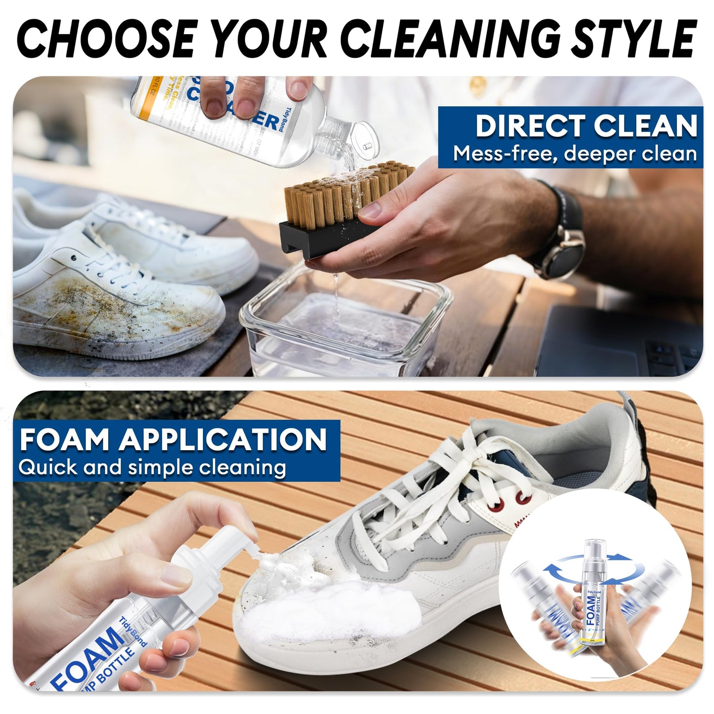 Tidybond Shoe Cleaner Kit for Sneakers – 10.6oz Premium Shoe Cleaning Set with 3 Brushes & Microfiber Towel, Sneaker Cleaner for White Shoes, Boots, Leather, Suede, Canvas, Mesh, PU & Fabric