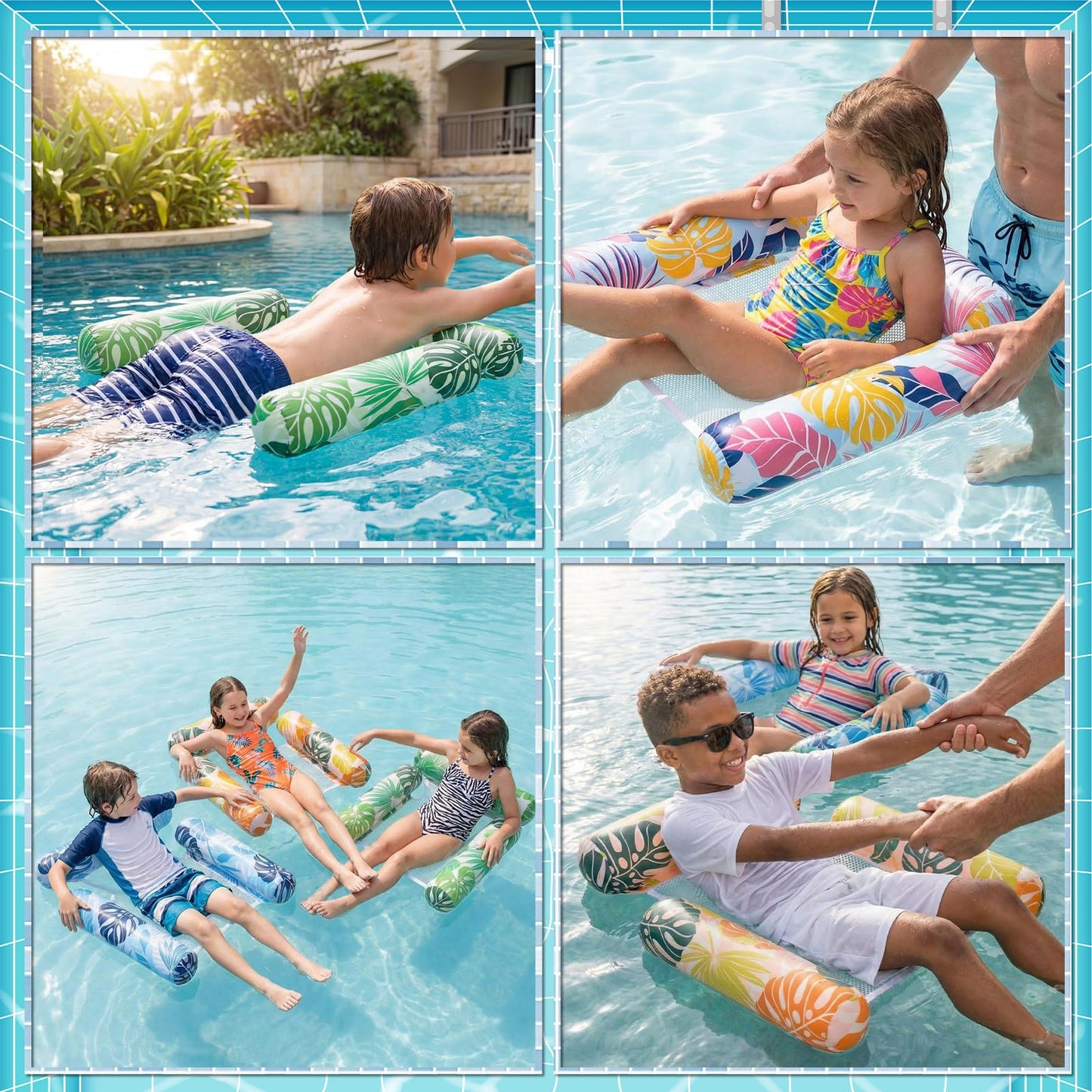 Soulchen 4 Packs Inflatable Pool Floats Kids Floating Lounge Chairs Floaties Water Hammock Inflatable Pool Toys Kids Blow Pools Noodle for Summer Beach Party Game Vacation Essential (Mixed Colors)