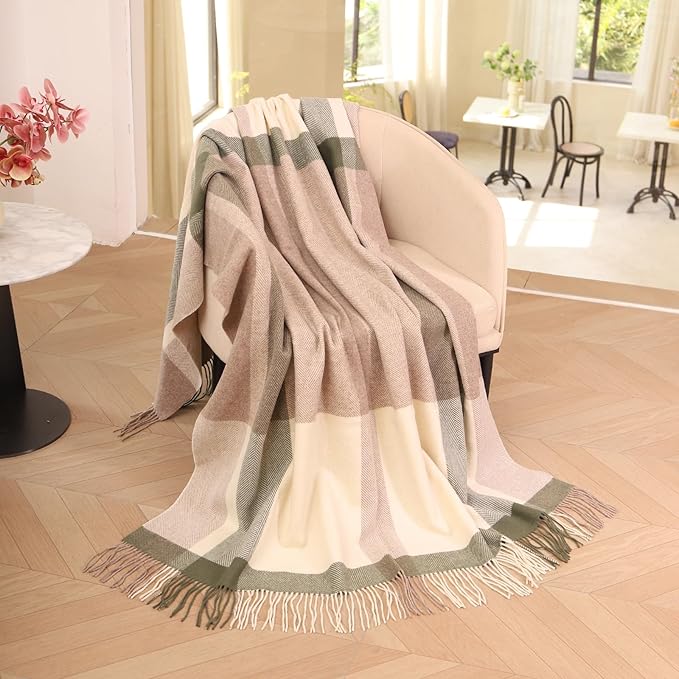 Throw Blanket Plaid with Carry Bag | Soft Wool Travel Blanket 55"x83" 2lbs| Oatmeal Checkerboard Plaid Decorative Throw for Couch, Camping & Gift