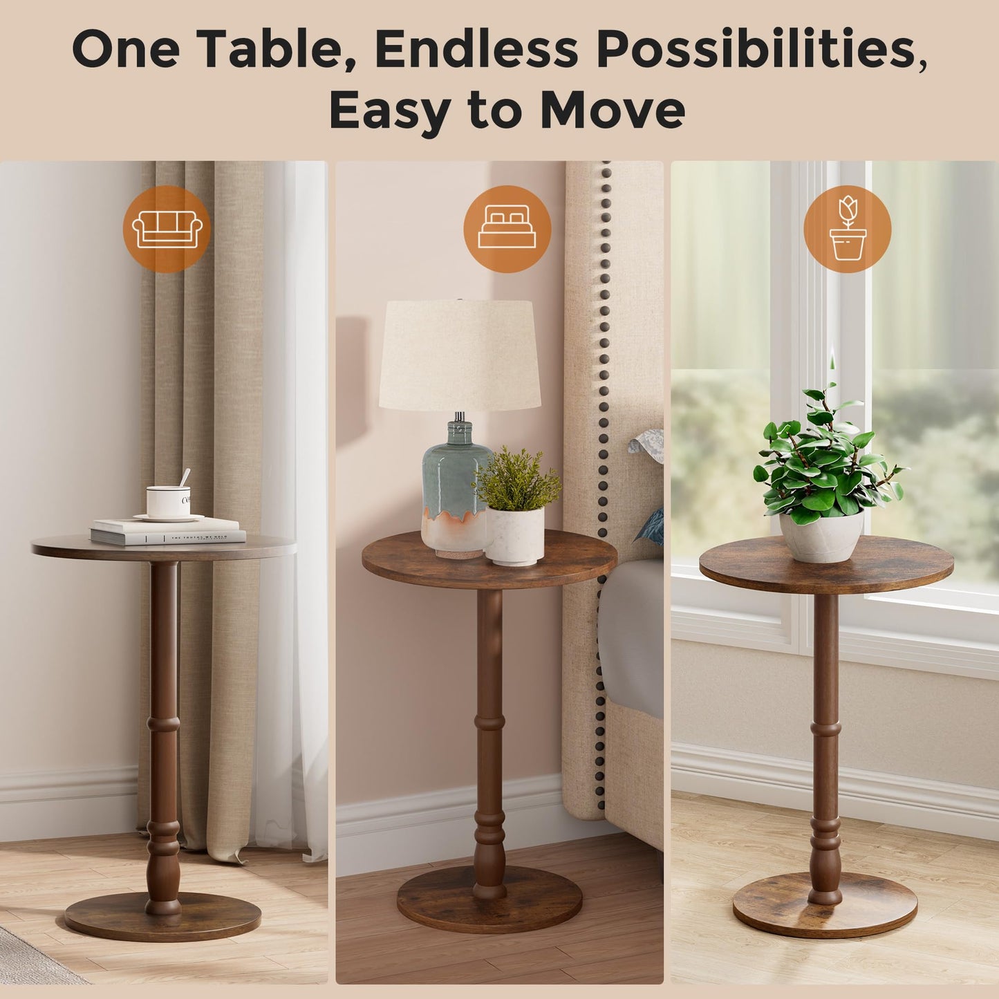 Homleke 16" Round Side Tables, Solid Wood Pillar with Wood Top & Base, Small Drink Accent Table for Living Room, Bedroom, Sofa & Office, Easy Assembly, Rustic Brown