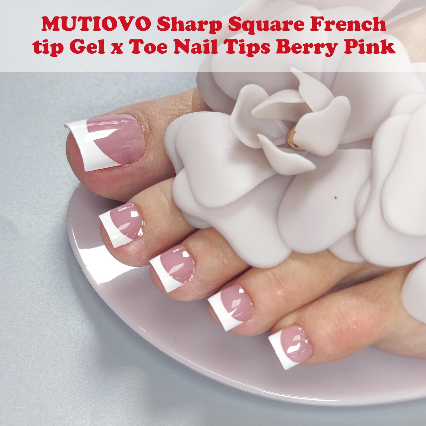 MUTIOVO French Tip Toe Nail Tips Press on, Sharp Square Pre-Designed Soft Gel False Toenail Extension, BERRY PINK Pre-applied Tip Primer & Base Coat, Full Cover Acrylic for DIY x 15 Sizes 240 pcs