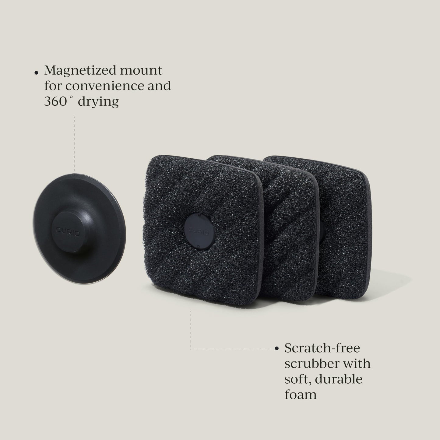 Curio Home Goods Ionic Non-Scratch Dish Sponges with Magnetized Holder, Odor Resistant Synthetic Scrub Sponges, 3 Pack, Black