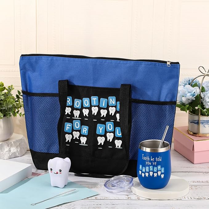 Sliner 3 Pcs Christmas Dental Assistant Gifts Positive Dentist Dental Hygienist Gifts Accessories Inspirational 12oz Tumbler Tote Bag Funny Teeth Stress Toy for Women Students Nurses Doctors(Blue)