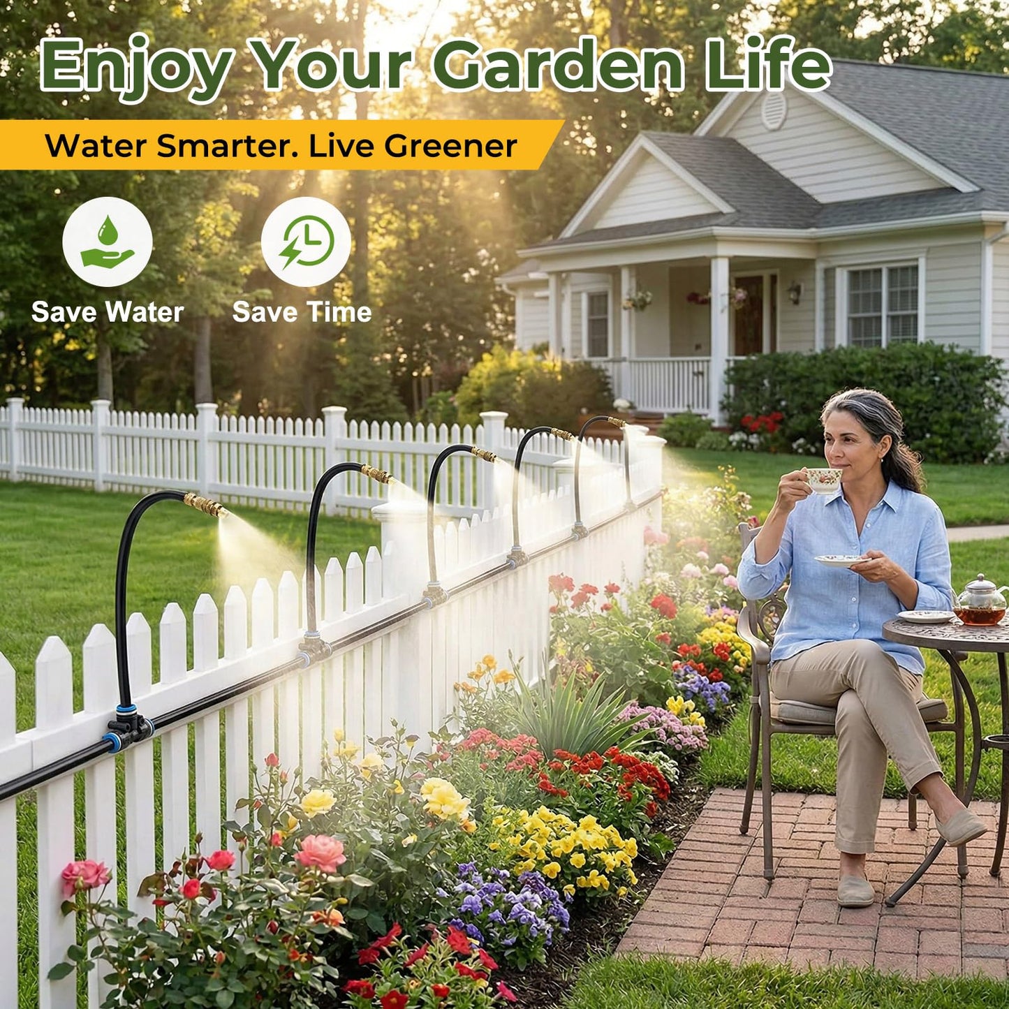 Drip Irrigation Kit for Garden 30FT, 360° Adjustable Watering System with 1/4" Tubing, Brass Misting Nozzles, DIY Micro Irrigation System for Potted Plants, Patio, Greenhouse