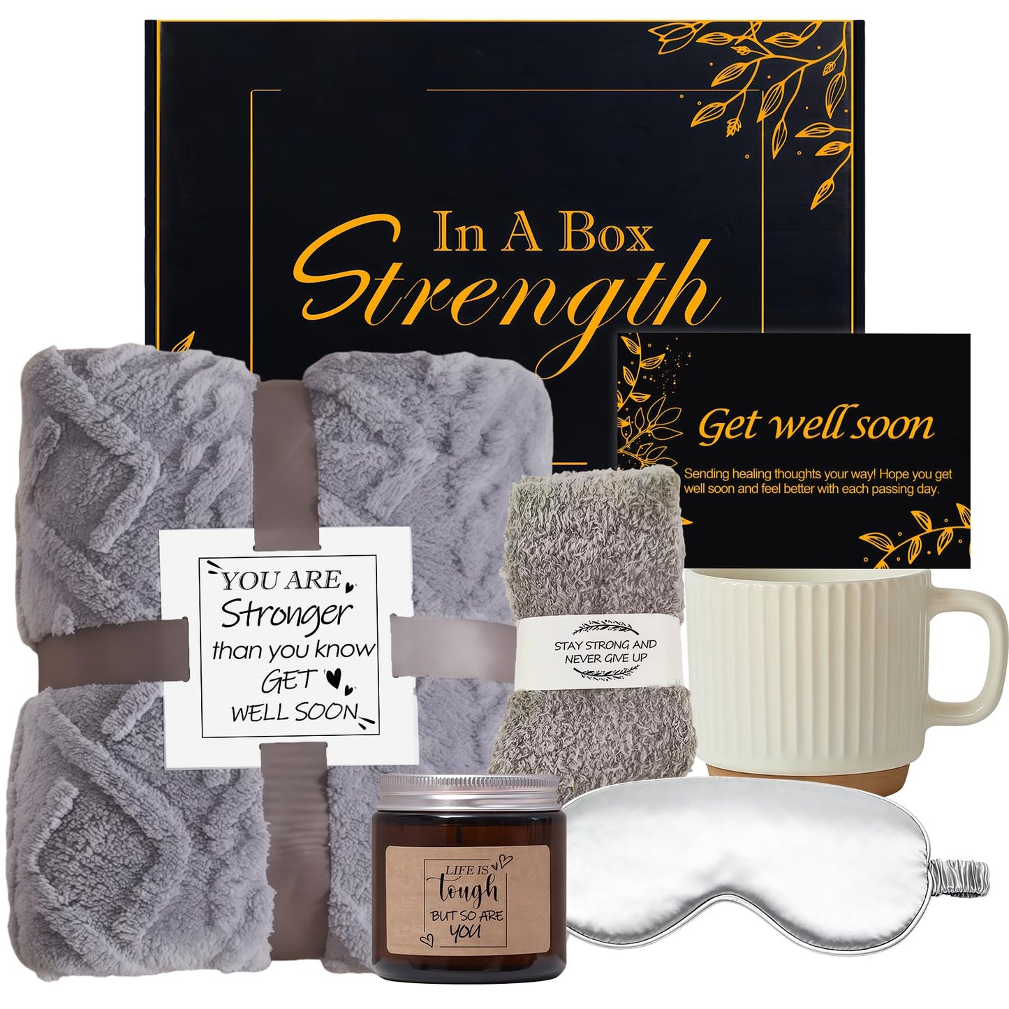 Get Well Soon Gifts for Men Care Package with Blanket, Socks, Eye Mask, Mug, Scented Candle, After Surgery, Sympathy Gift Baskets for Sick Him Brother Relatives Friends (Black)