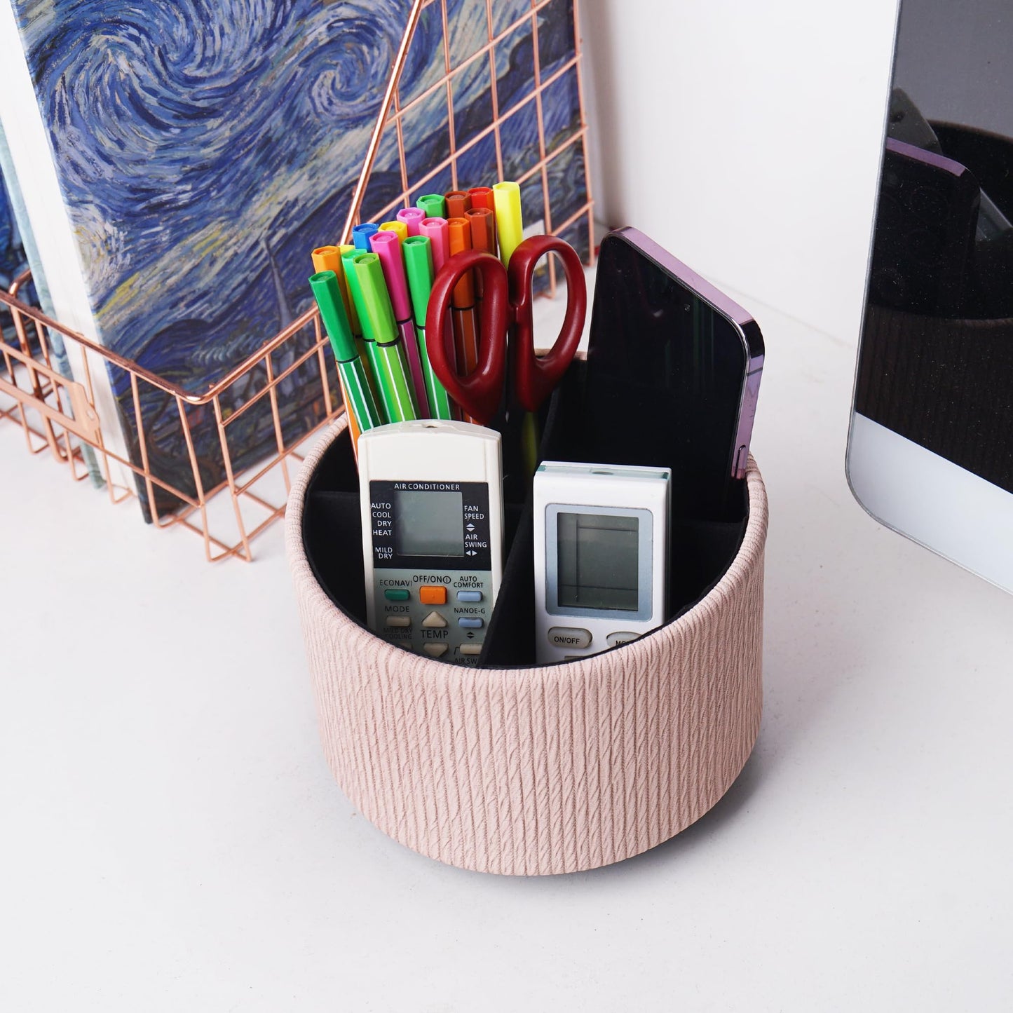 Lvkjafaz Round Leather Art Supply Organizer,Remote Control Holder,360 Degree Spinning,Multi-Functional Pencil Holder,4 Compartments Desktop Stationary Organizer(1-Wood Pink2)