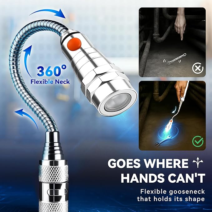 VIBELITE Extendable Magnetic Flashlight with Telescoping Magnet Pickup Tool-Cool Gadget Christmas Gifts Stocking Stuffers for Men, Husband, Dad, Father, Mechanic, Tech, Handyman, Him Women, Silver