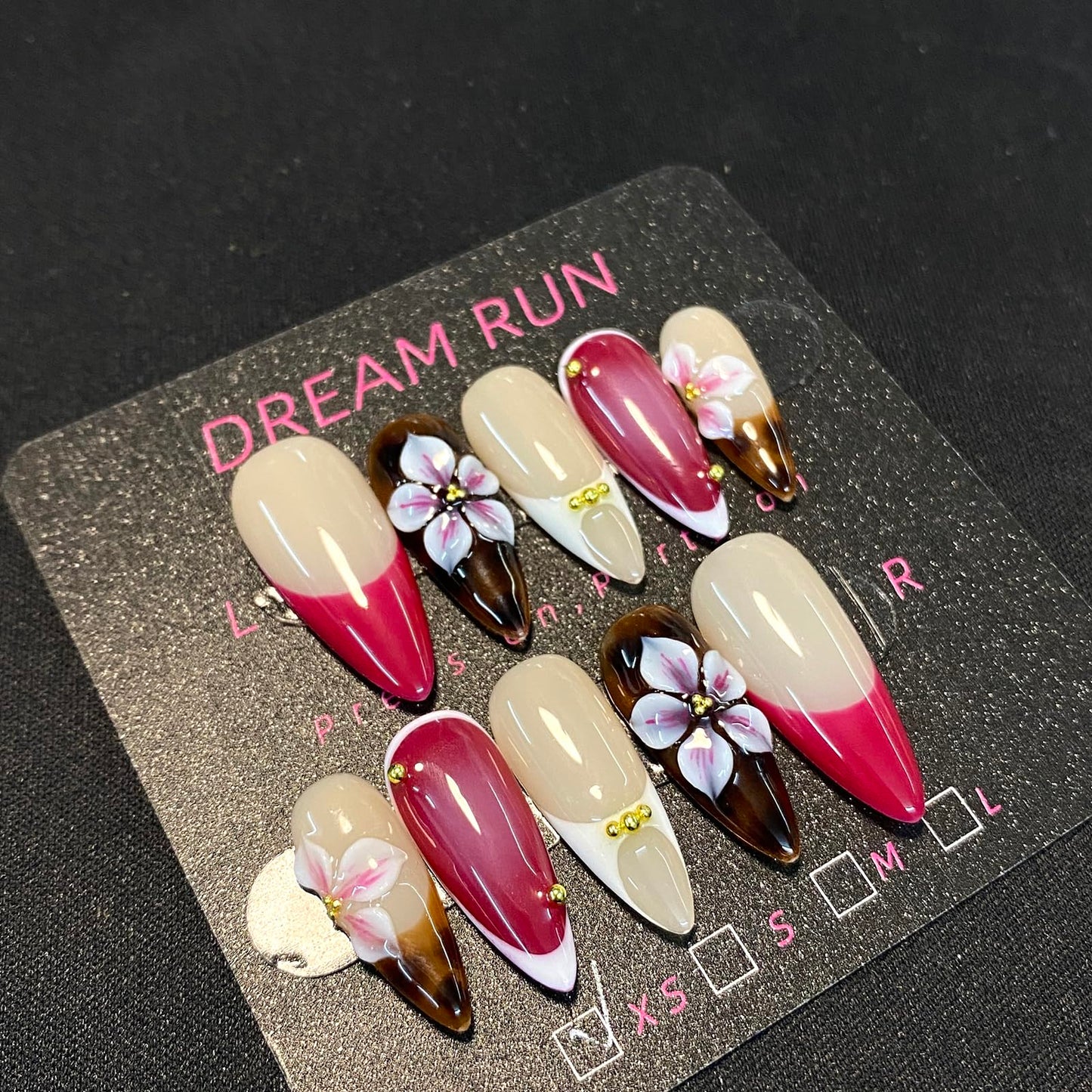 DreamRunNails Handmade Press on Nails, Medium Oval Shape with 3D Rhinestone and Hand Painted Floral Design, Reusable Acrylic Fake Nails, Pink Brown Nude