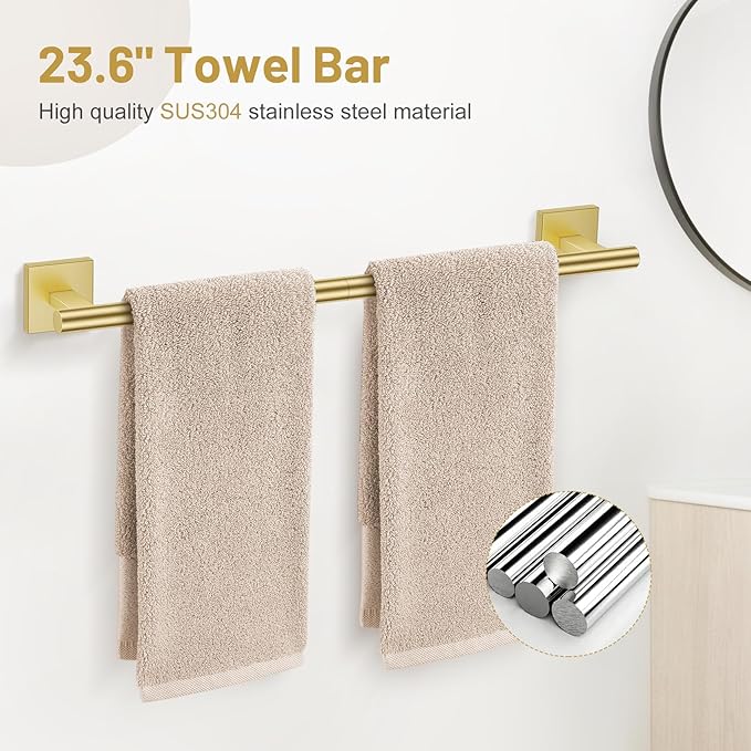 5 Pieces Bathroom Hardware Set Brushed Gold Towel Bar Set Includes 23.6” Towel Bar, Towel Ring Holder, Toilet Paper Holder and Two Towel Hooks, Bathroom Accessories Set SUS304 Wall Mounted