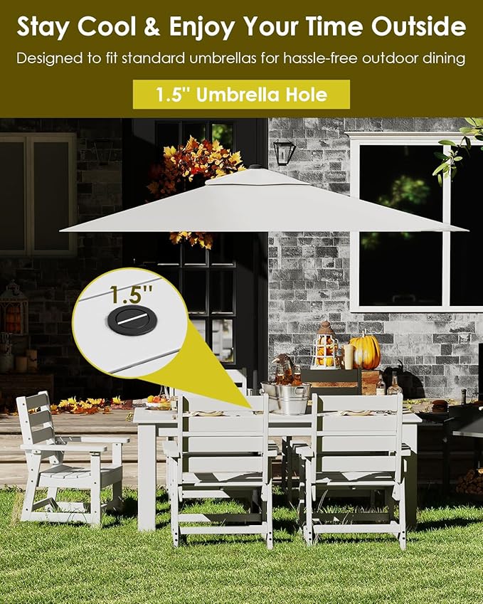 GREENVINES 5-Piece Outdoor Dining Set | HDPE | Patio Table and Chairs Sets for 4 | Patio Furniture | All Weather | Umbrella Hole | White | for Backyard Poolside Garden