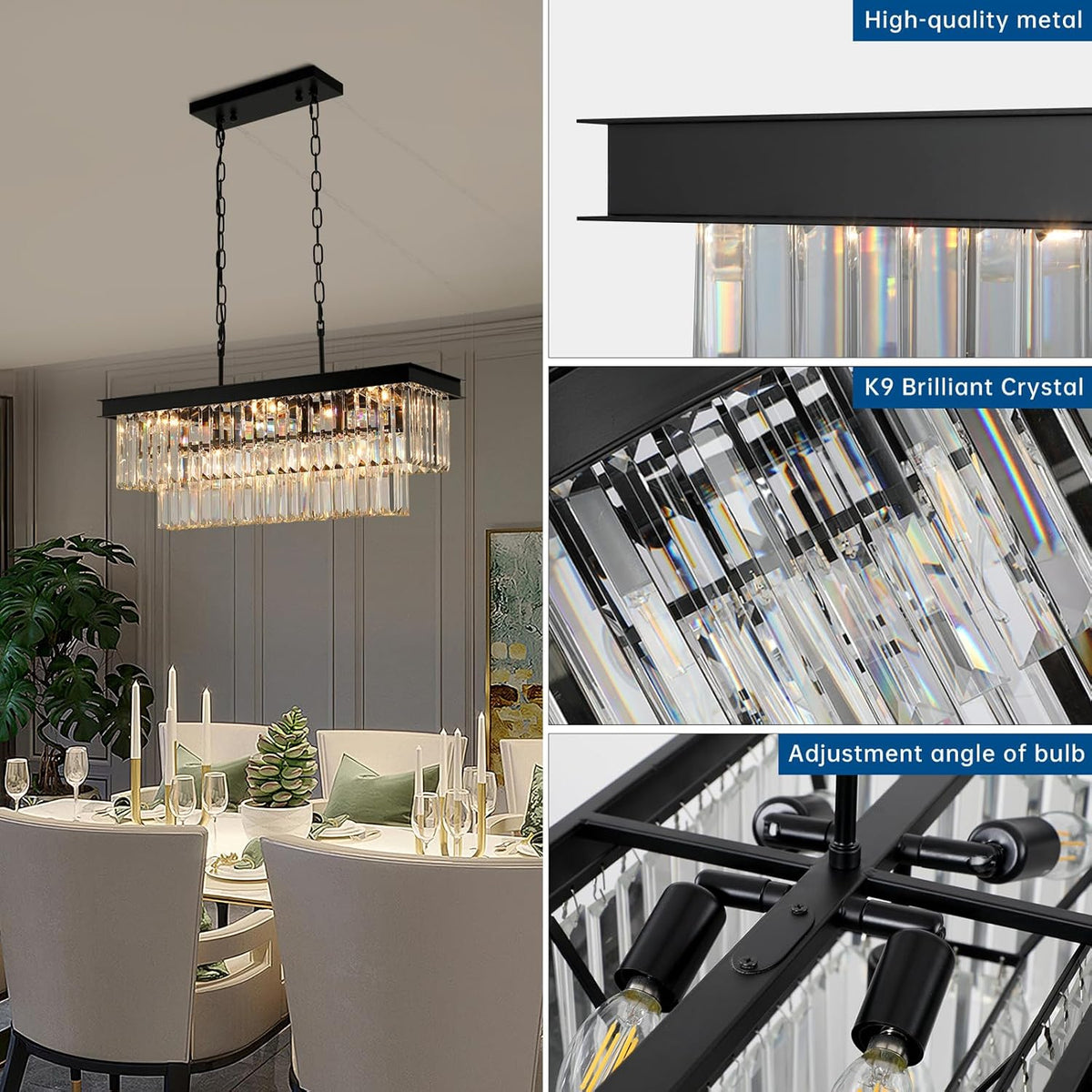Black Crystal Chandeliers for Dining Room Light Fixtures Over Table，9-Lights Modern Rectangle Chandeliers for Kitchen Island Bar L28 Inch