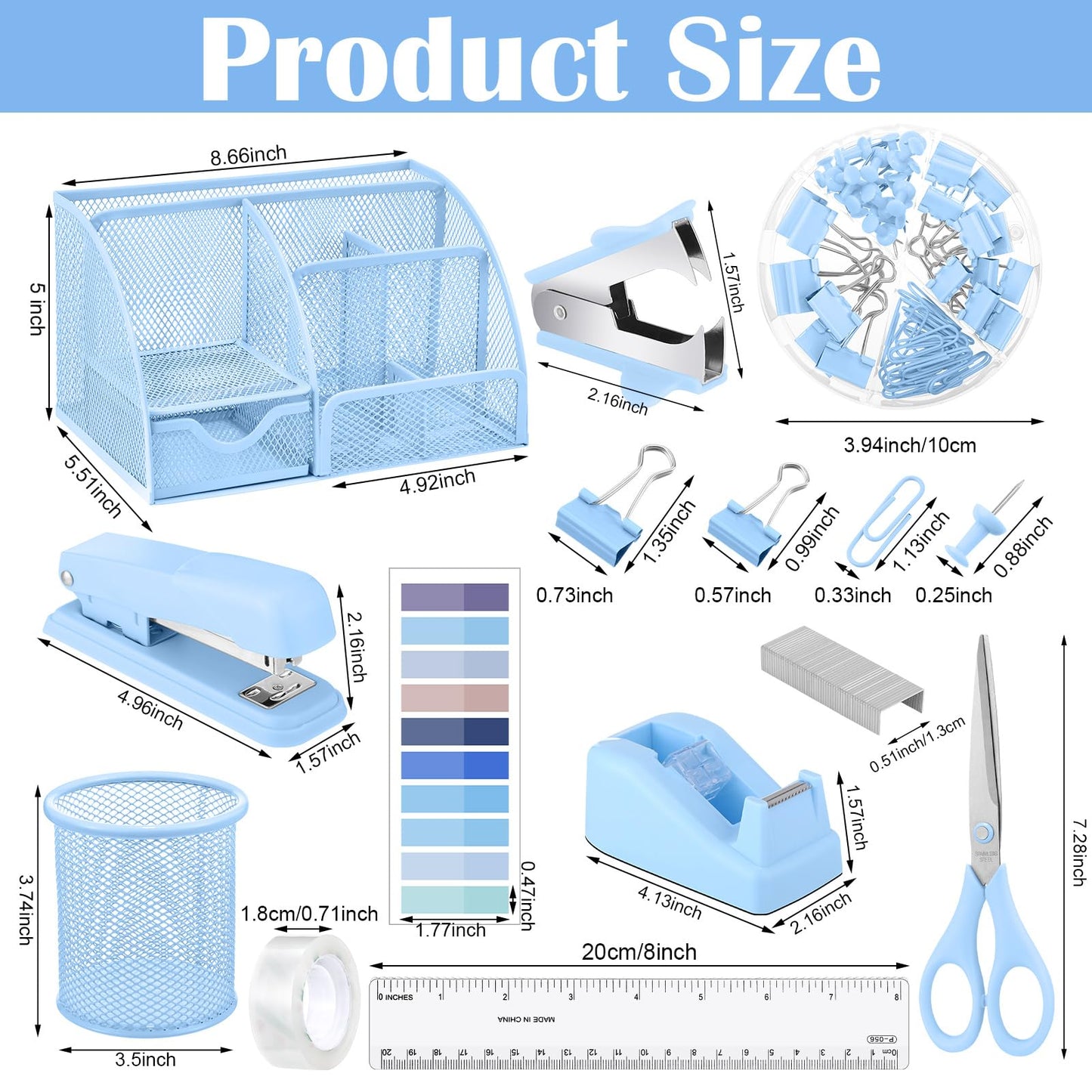 11 in 1 Blue Desk Organizer and Accessories, Blue Desk Accessories Light Blue Office Supplies Include Blue Stapler Blue Tape Dispenser Pen Holder Staple Remover Clips Ruler Scissors Tapes Tabs