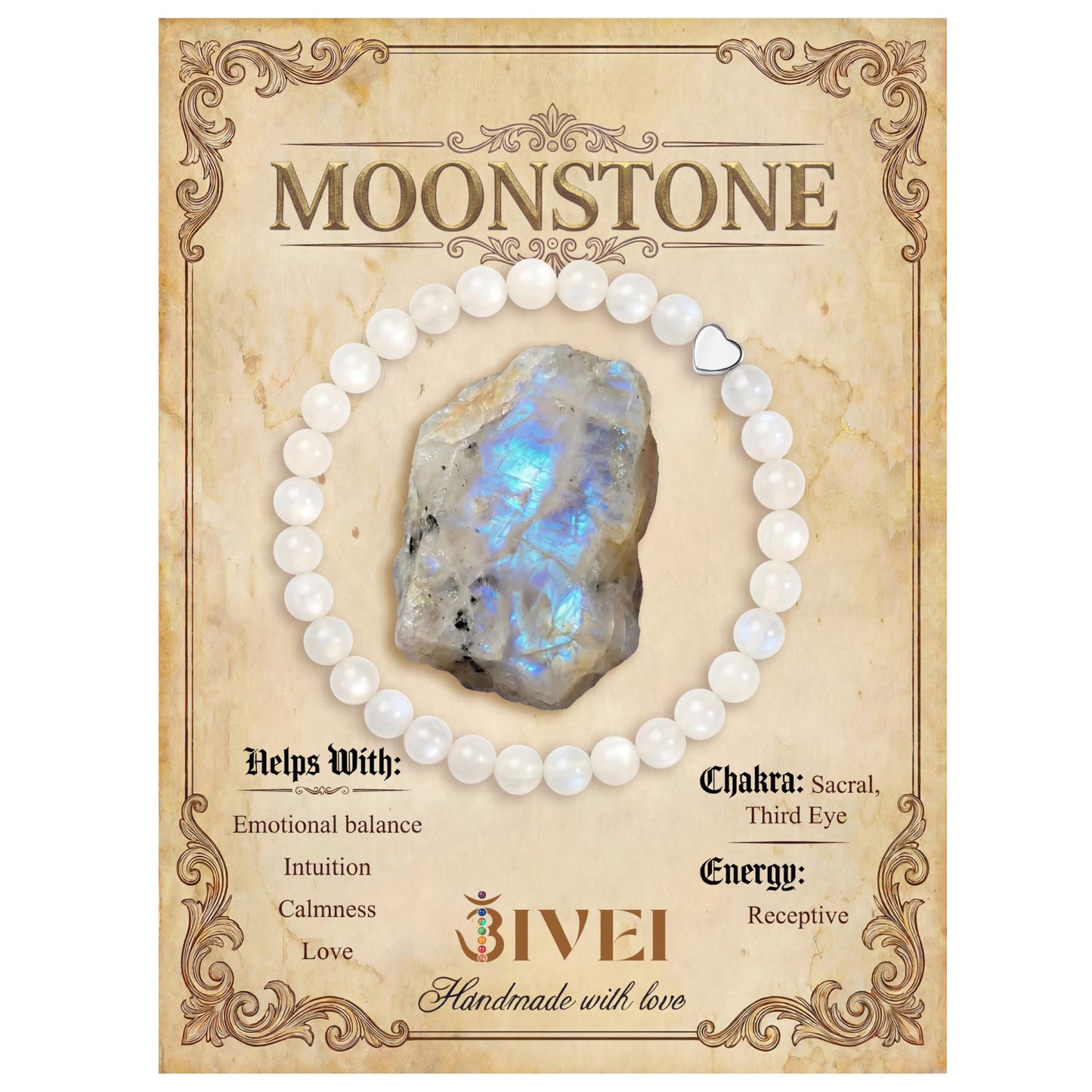 Bivei 6mm Moonstone Crystal Stretch Bracelets for Women, Handmade Natural Stone Beaded Bracelet, Yoga Protection Jewelry Gift