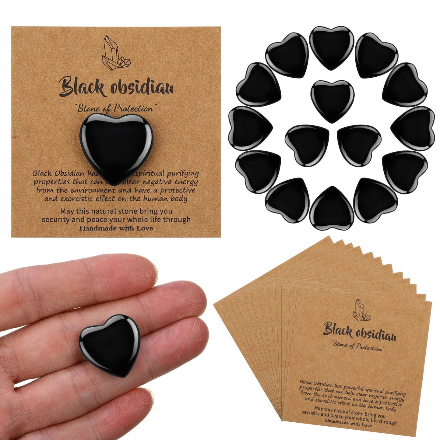 YooNotee 32 Pack Black Obsidian Heart Stone Gift Sets Bulk 0.8 Inch 16 Pcs Crystal Gemstone Crystals Rock with 16 Pcs Cards for Men Women