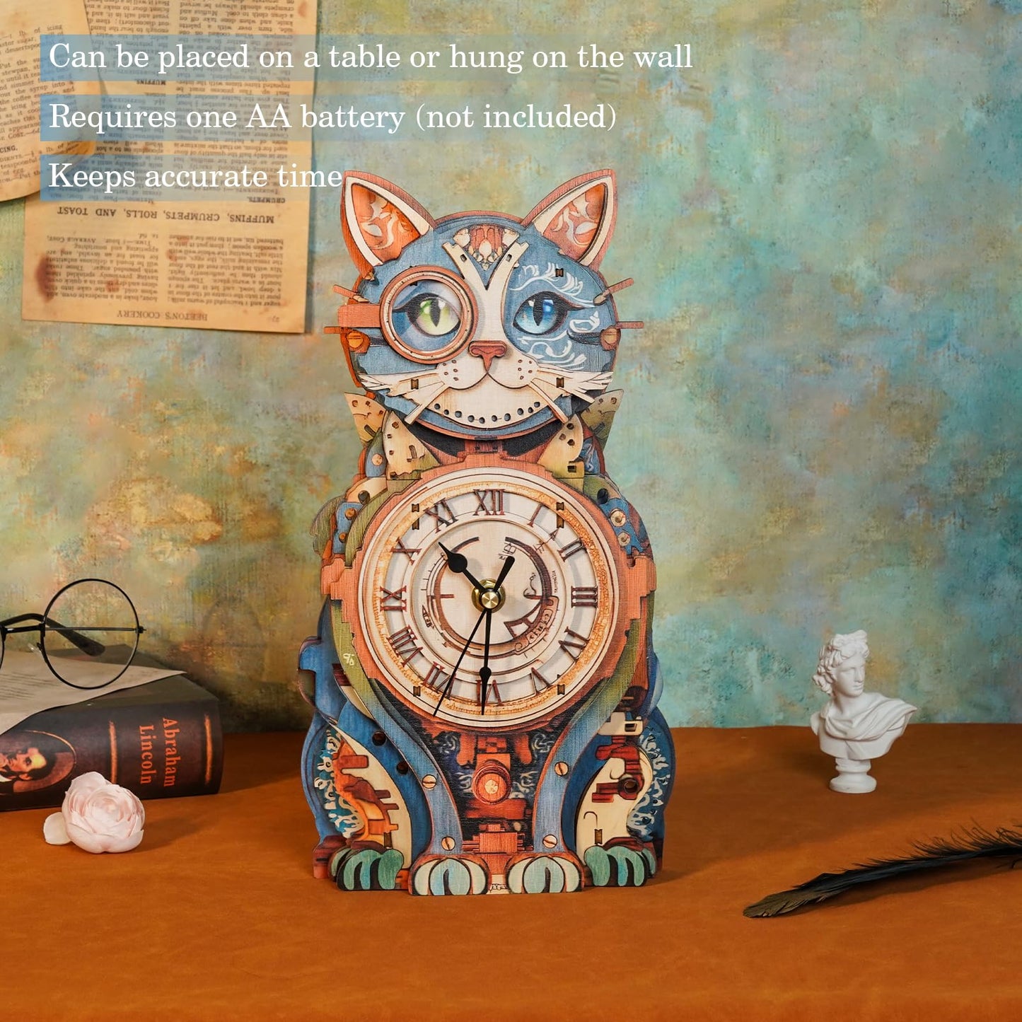 3D Wooden Puzzles for Adults Cat Clock - Model Building Kit Clock Puzzle Creative Craft Gift Home Deco for DIY Enthusiasts, Brain Teaser Building Set Birthday Gifts