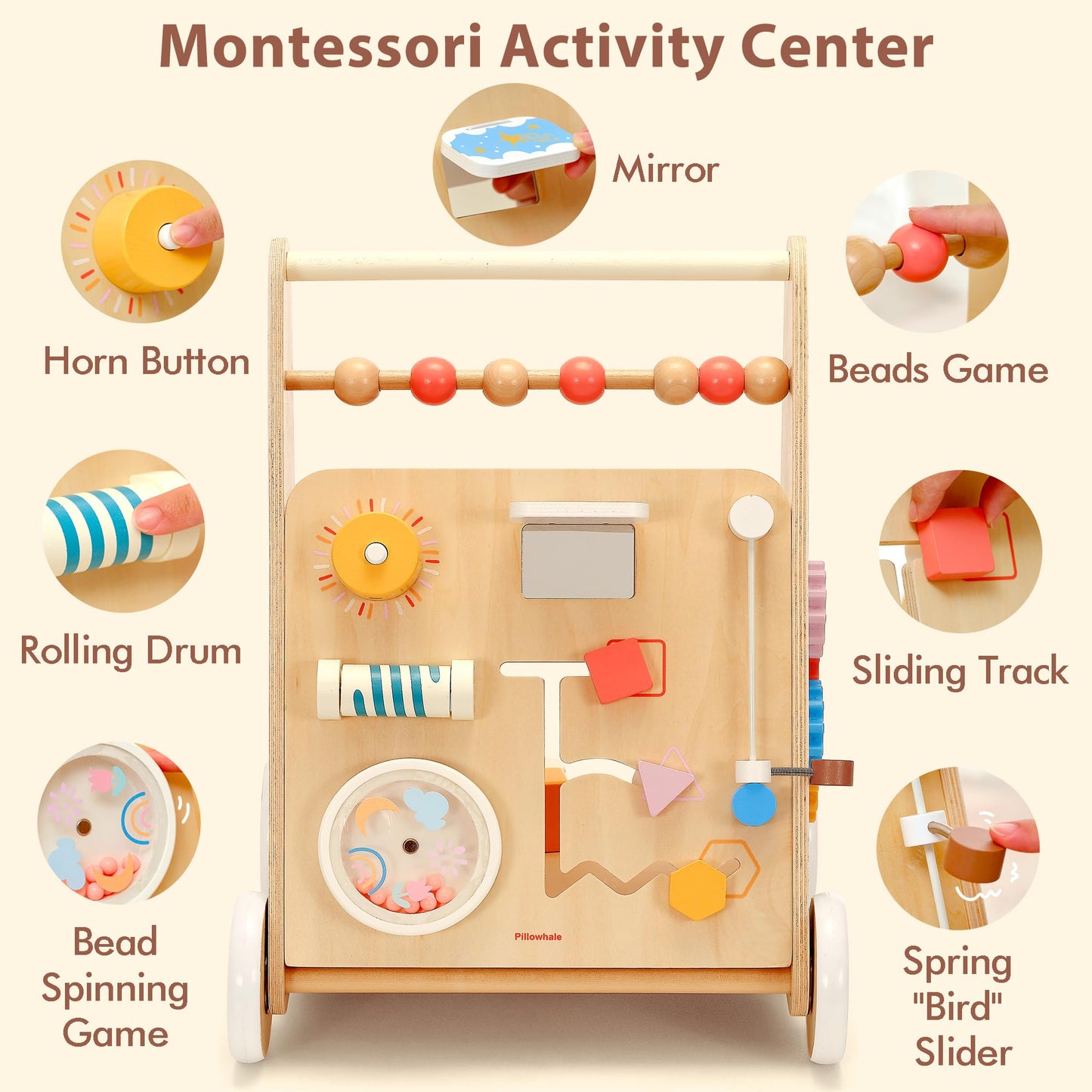 Pillowhale Wooden Baby Walker for Toddlers Learning to Walk, Push Walker Toy with Montessori Activity Center & Adjustable Brake, 12M+ (Spring Bird)
