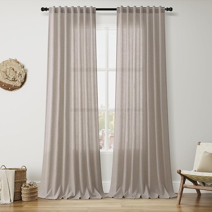 Nanspring Stone Beige Linen Curtains for Living Room 120 Inches Long Light Filtering Semi Sheer Curtain Back Tab Simple Modern Luxury Long Floor to Ceiling High Window for Bedroom 52x120, 2 Panels