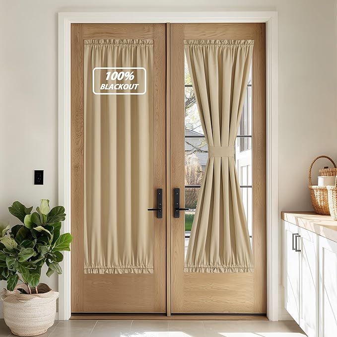NICETOWN 100% Blackout Door Curtain for French Front Door with Adjustable Tieback, Thermal Insulated Privacy Room Darkening Window Covering for Kitchen, W30 x L72, 1 Panel, Biscotti Beige
