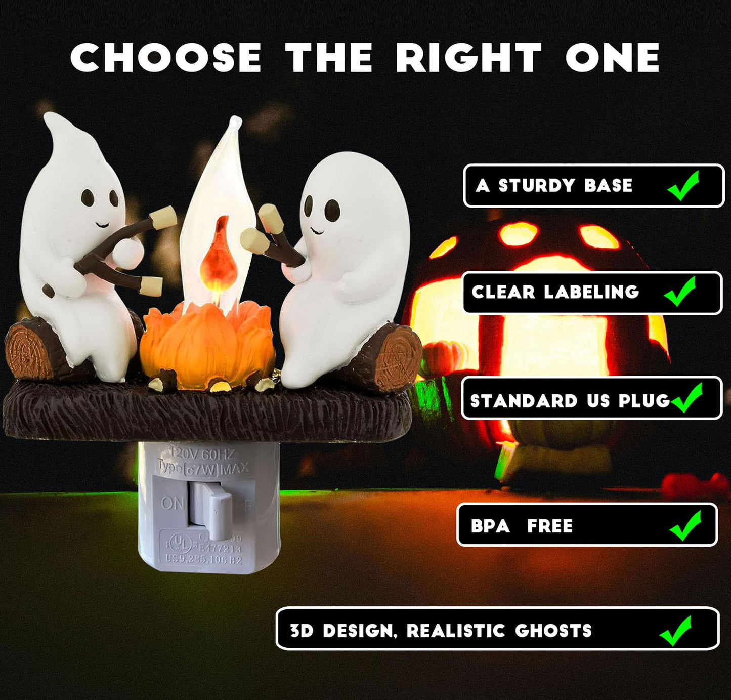 nlaa Ghost Campfire Nightlight,Halloween Campfire Flickering Night Light,3D Spooky Fire Marshmallow Night Light for Halloween Decor (Cute Ghost)