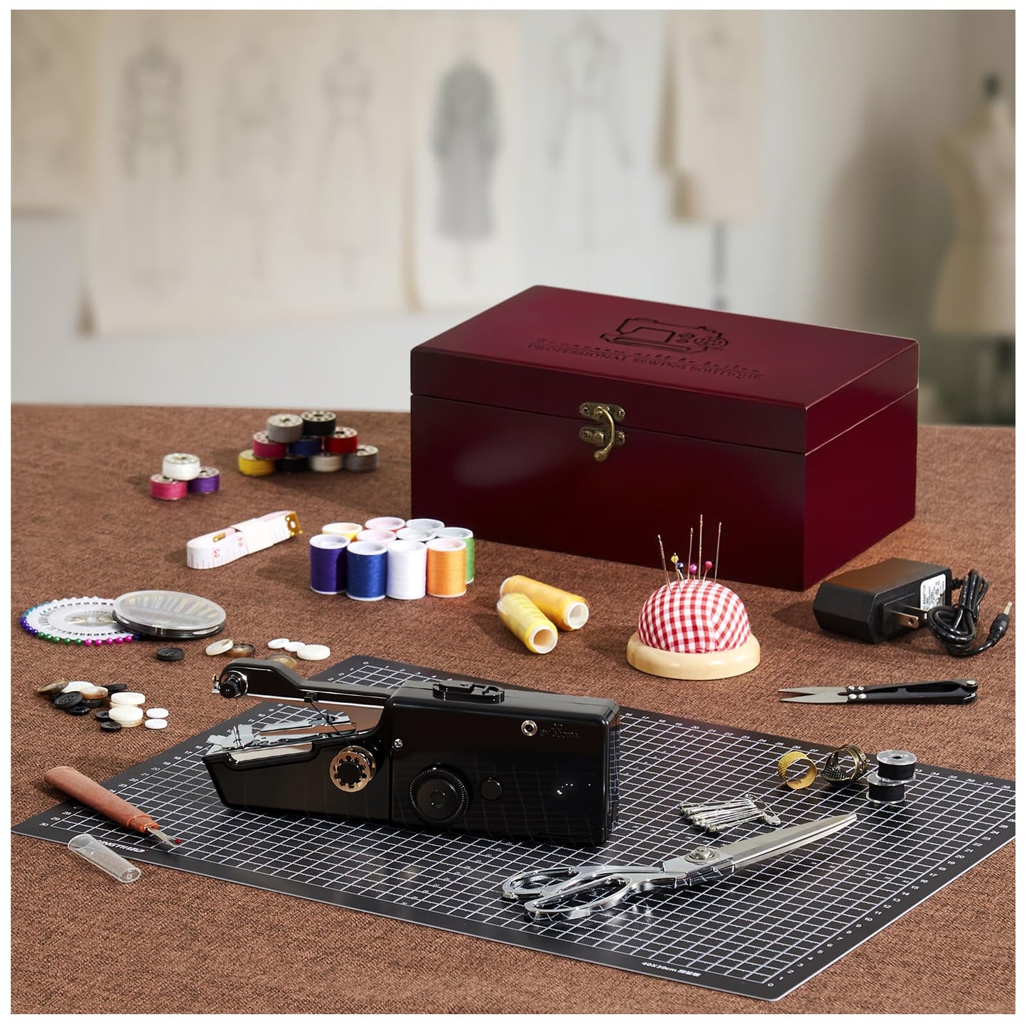 Hand Held Sewing Machine, with Red Wooden Sewing Box and 143 PCS Sewing Kit, Mini Portable Handheld Sewing Machine for Adults and Beginners, with a Power Adapter and Heavy-Duty Scissors
