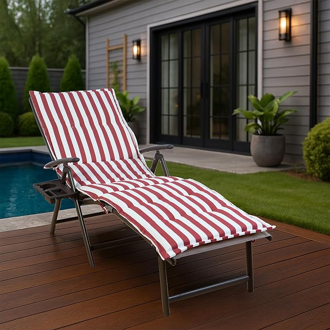 Kozyard Cozy Aluminum Reclining Lounge Chair - Perfect for Beach, Yard, Pool, Deck, Patio Outdoor Chaise Lounge with Drink Holder, Weather Free, Adjustable Assemble Free Red Strip