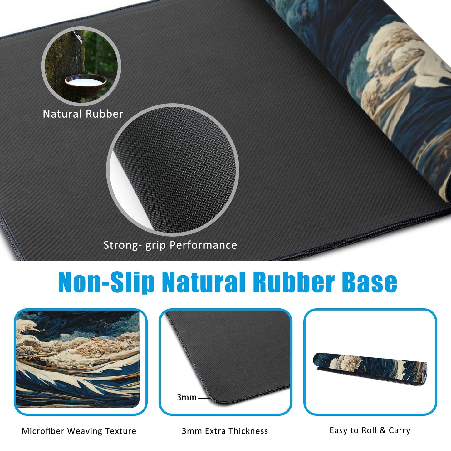 EOBKLAX Japanese Ocean Waves Large Gaming Mouse Pad,Waterproof Desk Mat for Desktop,Non-Slip Rubber Base Mousepad with Stitched Edges for Laptop Office and Home 35.4X15.7 Inch