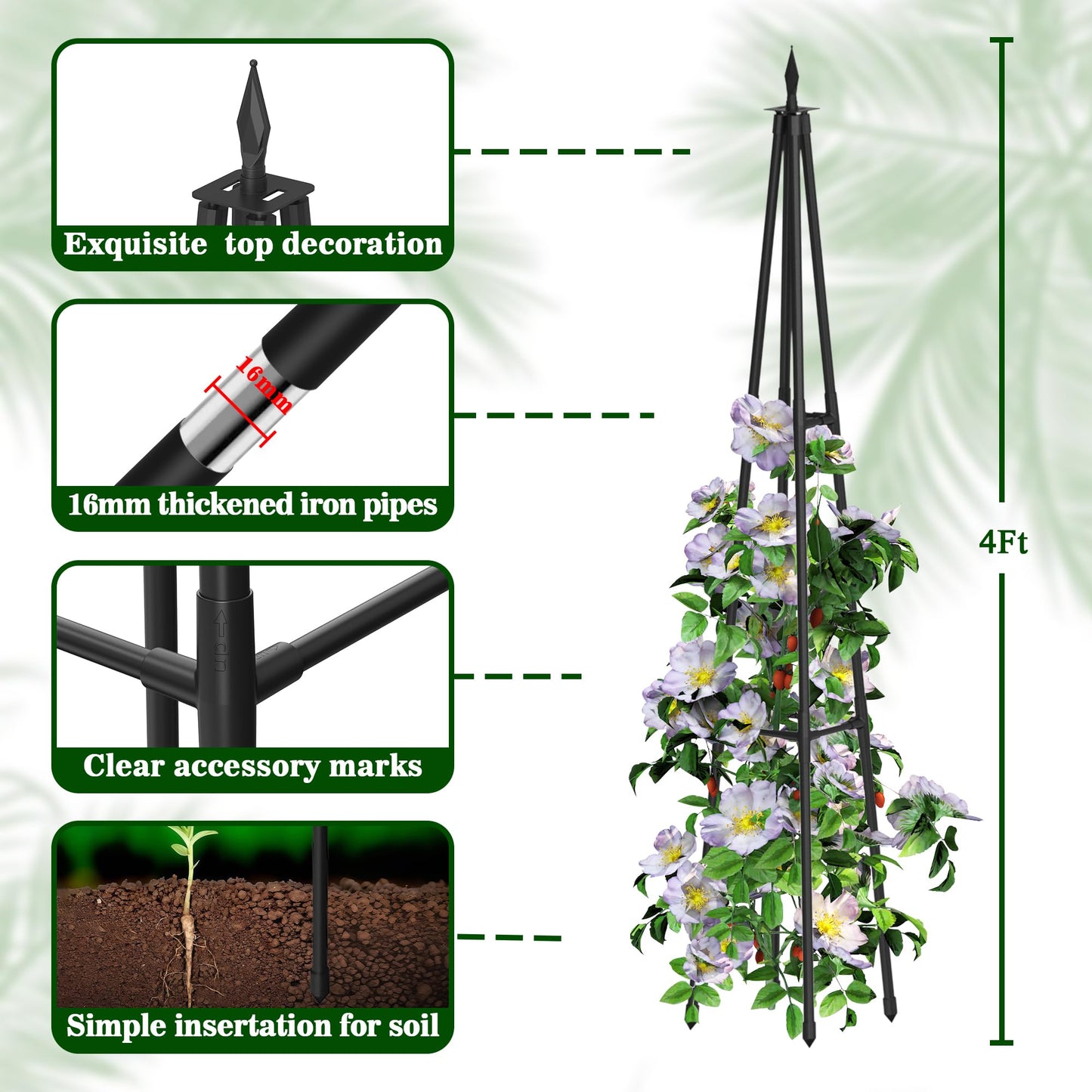 Hsundries 4FT Obelisk Trellis for Climbing Plants Outdoor, 16mm Rust-Proof Extra Thickened Plastic-Coated Metal Pipes, Indoor Climbing Support for Potted Plants, Vines, Flowers Stands,Black