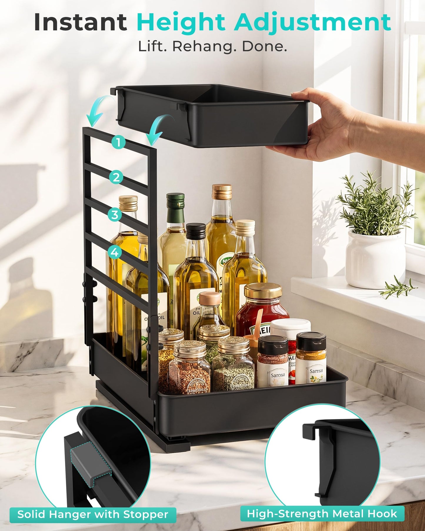 EVERIE Height Adjustable 2 Tier Metal Pull Out Slide Shelf Organizer for Under Sink Cabinets in Kitchen, Bathroom, with Snap-on Top Tray, 16" Deep (Black, 2 Sets)