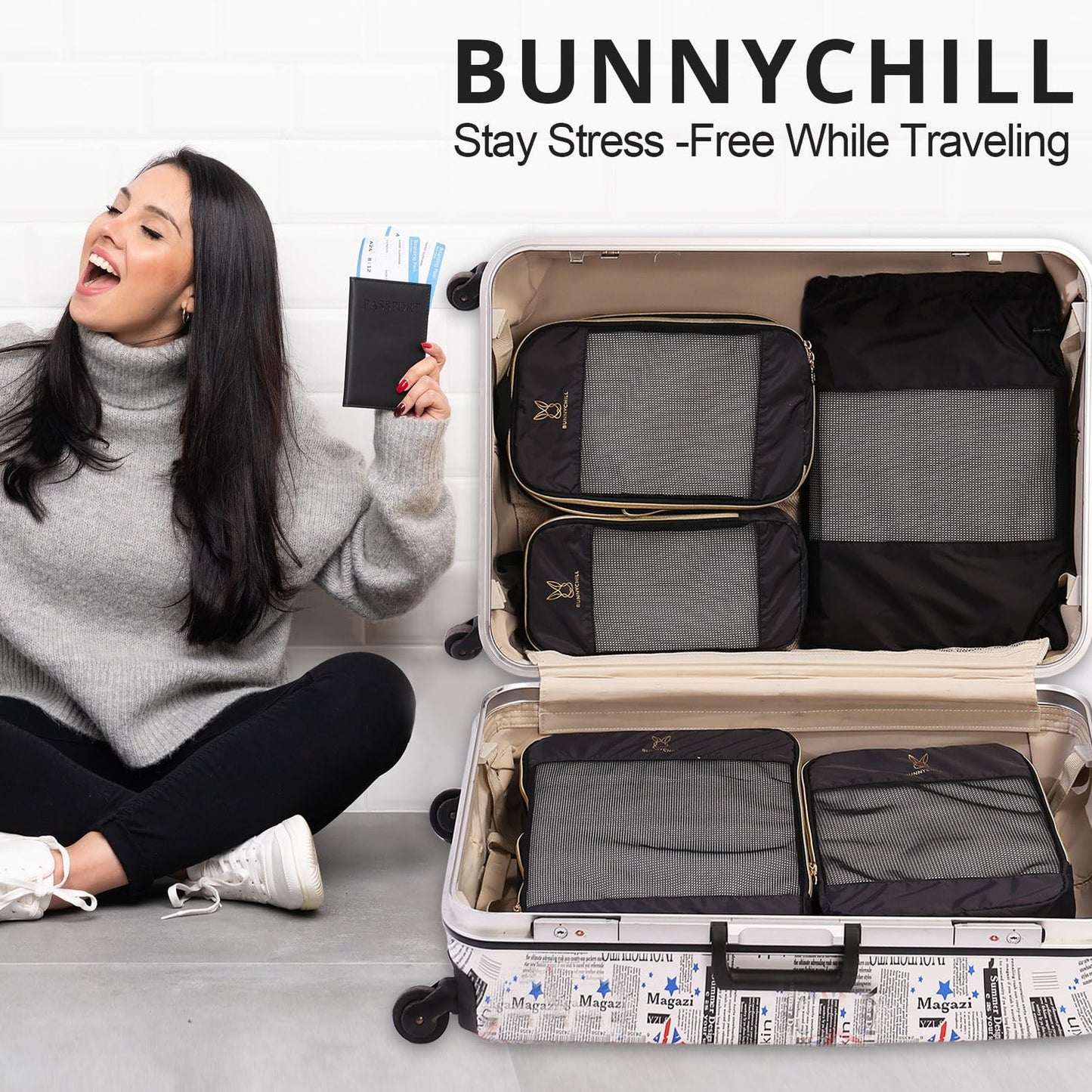 6 Set Compression Packing Cubes for Travel, Bunnychill Portable Zipper Packing Cube for Cloting, Expandable Space Saver Storage Luggage Organizer Bags for Suitcases(Black)