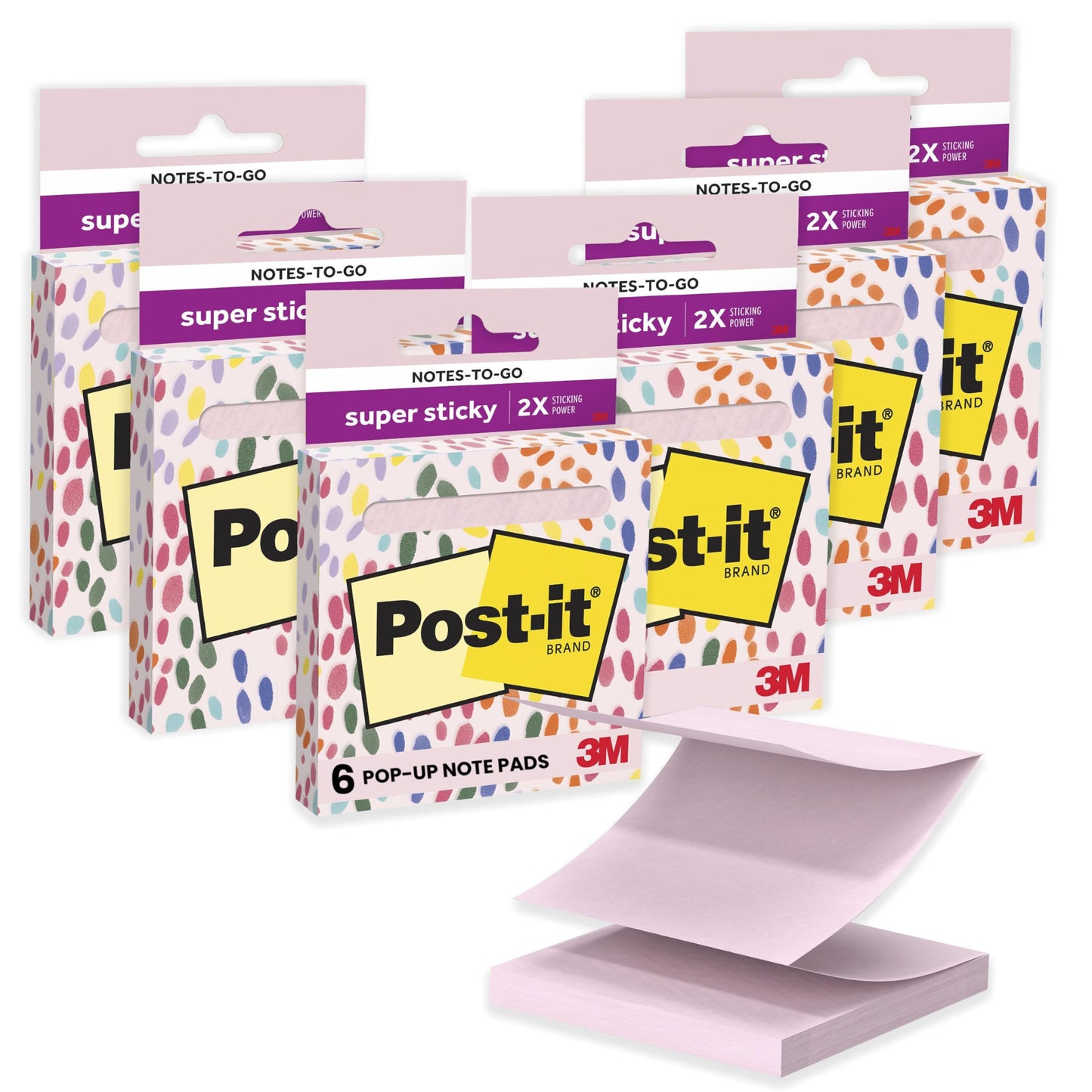 Post-it Super Sticky Notes-to-go Pop-Up Notes, 3 in. x 3 in., 6 Dispensers with 540 Total Pastel Sticky Notes in Pink Salt Color, Great for School, Office, Classroom, or Home