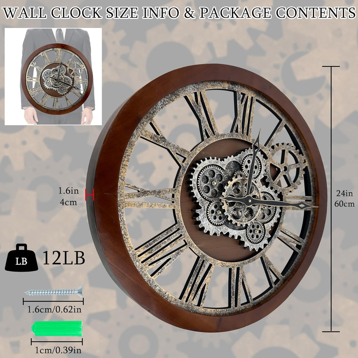 HOIBAI Large Wall Clock, 24 Inch Wall Clocks for Living Room Decor Farmhouse Vintage Rustic Kitchen Wall Decor Vintage Roman Big Oversized Wall Clock for Home Bedroom House Office, Moving Gears Clock