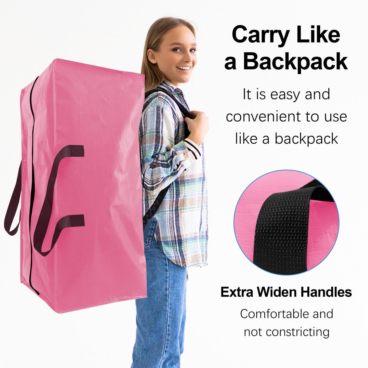 6 Pack Heavy Duty Extra Large Moving Bags W/Backpack Straps - Strong Handles & Zippers, Storage Totes For Space Saving, Fold Flat, Alternative to Box and Bin (40 gal, Pink)