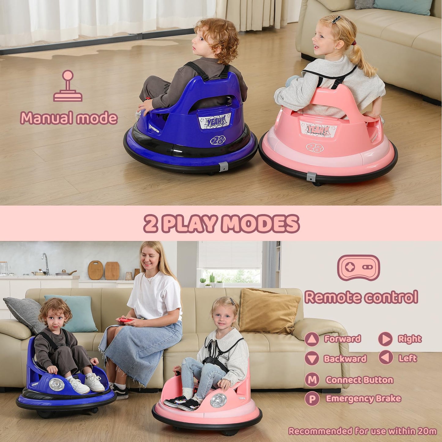 ELEMARA Bumper Car for Kids,1.9mph Max,12V Toddler Ride on Toys with Remote Control,2-Speed,2 Playing Modes,360 Degree Spin,Bumping Toy Gifts W/Bluetooth,5 LED Lights Modes,DIY Stickers,Pink