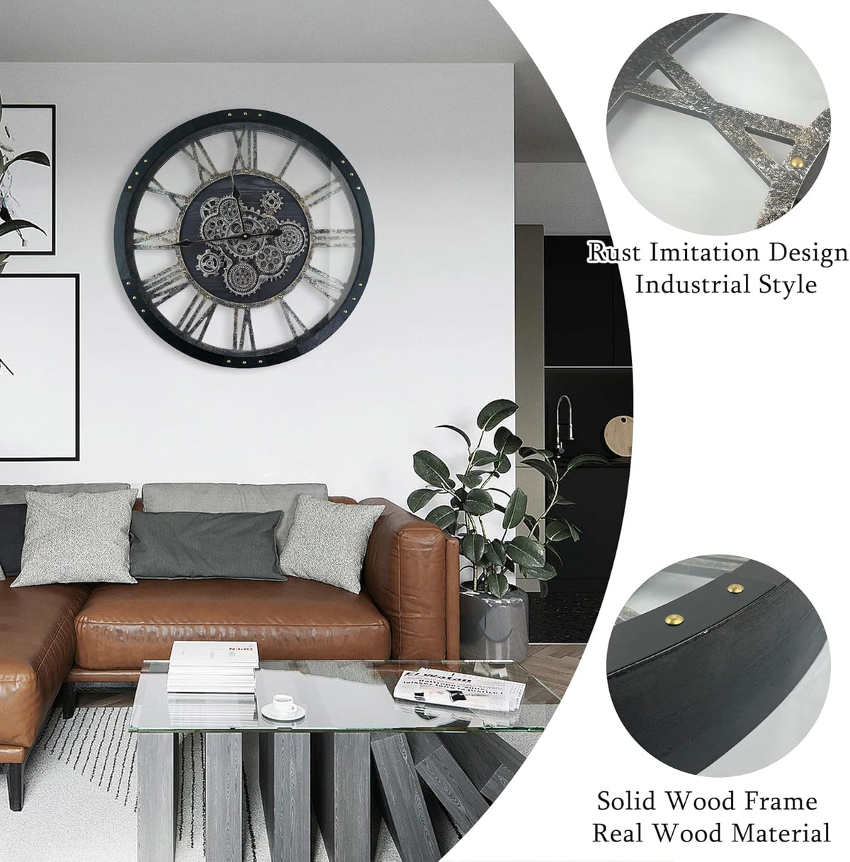 27 Inch Moving Gear Wall Clock, Oversized Wall Clocks, Clock Living Room Decor, Solid Wood Frame, Battery Operated, Large Wall Clock with Steampunk Industrial for Fireplace(Black)
