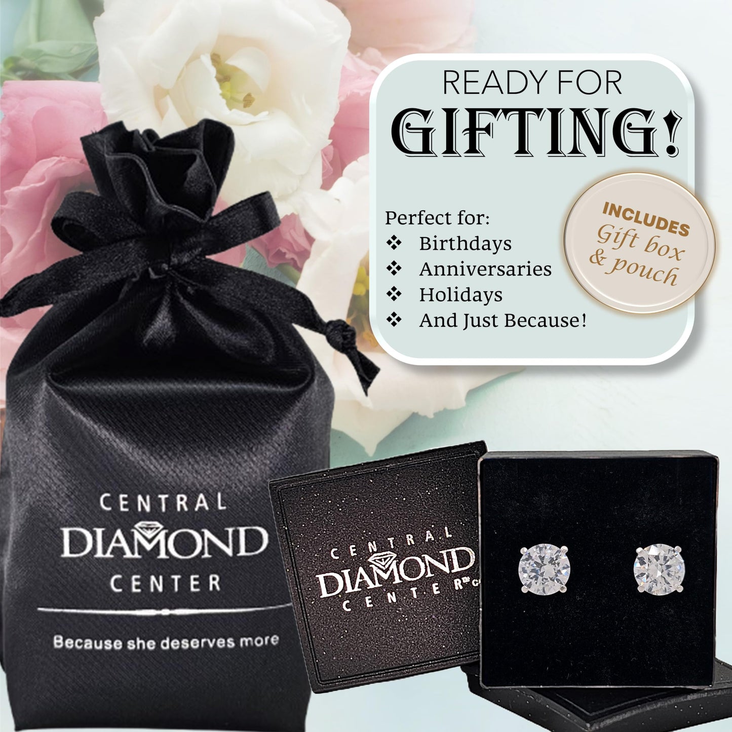 Central Diamond Center 14K Solid Gold Post & Sterling Silver 4 Prong CZ Stud Earrings - Platinum Plated - 8.50mm - 5.00cttw
