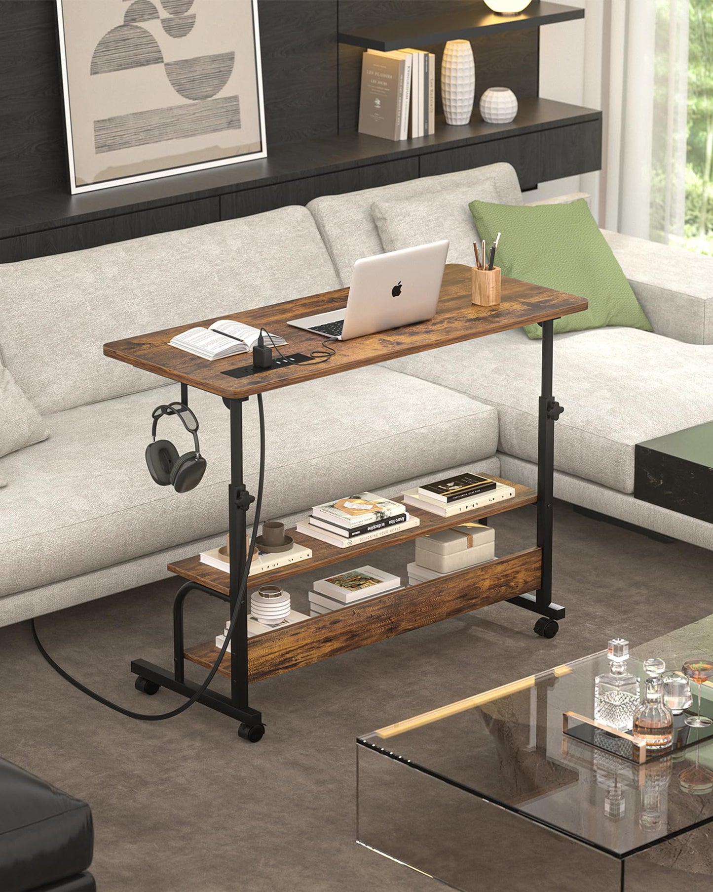 Armocity Rolling Standing Desk with Power Outlets, 32" Manual Height Adjustable Mobile Computer Desk with Wheels, Small Portable Sit Stand Laptop Couch Table for Bed & Sofa Home Office, Rustic Brown