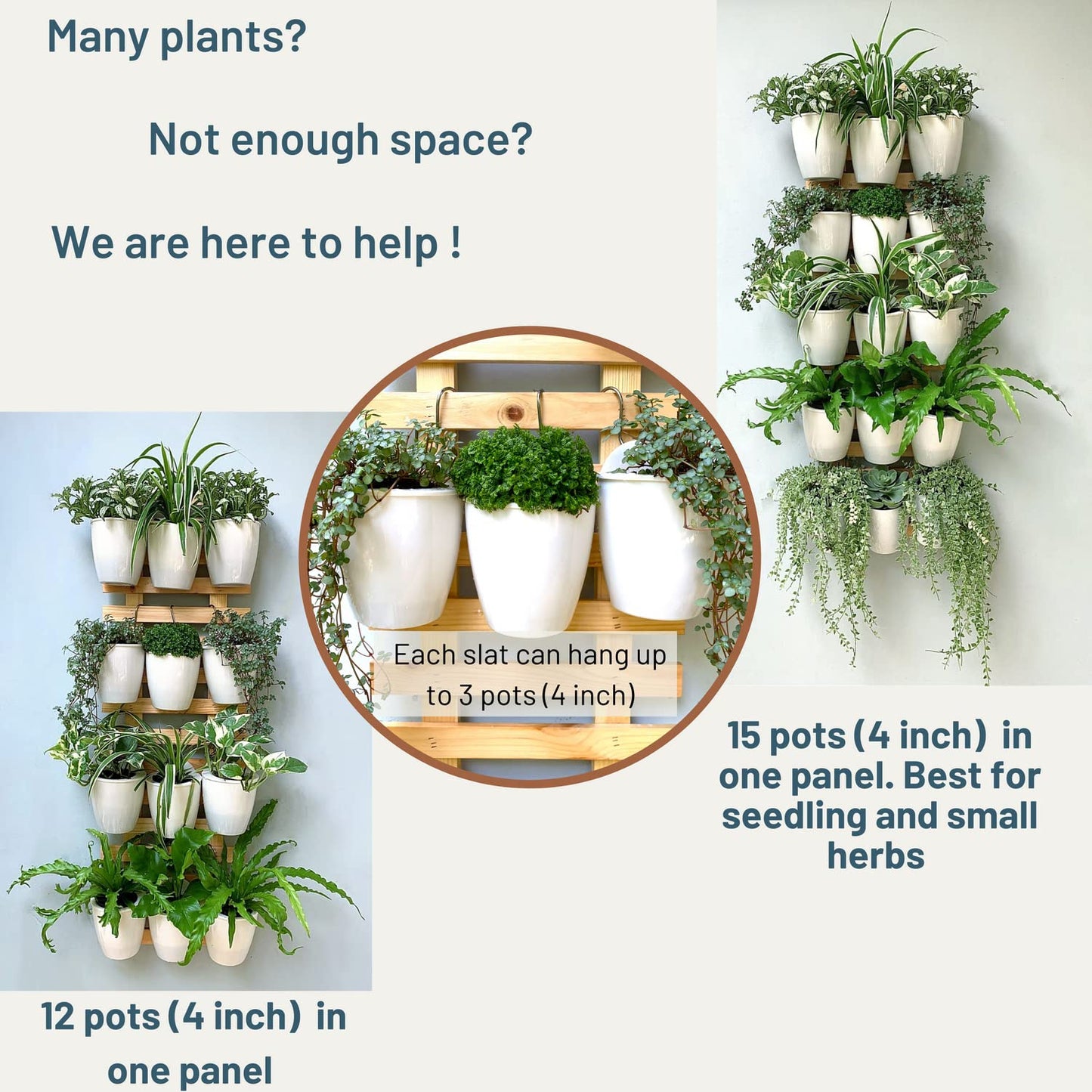 ShopLaLa Bundle- 4" x 10 Pack White Self Watering Plastic Pots + White Wooden Hanging Planters, Vertical Wall Mounted Herb Flower Garden Hydroponic Modern Pot Living Plant Sytem LaLaGreen