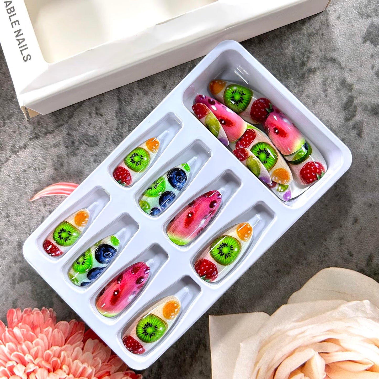 Fruit Press on Nails Medium Almond Shaped Watermelon Strawberry and Kiwi Blueberry Pattern Design Summer Acrylic Fake Nail Full Cover Glossy Artificial Fingernails Handmade Glue on Nails for Women